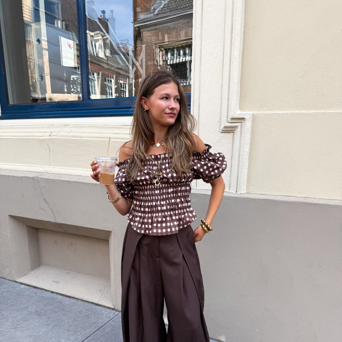 Lien Geruite Top | Brown