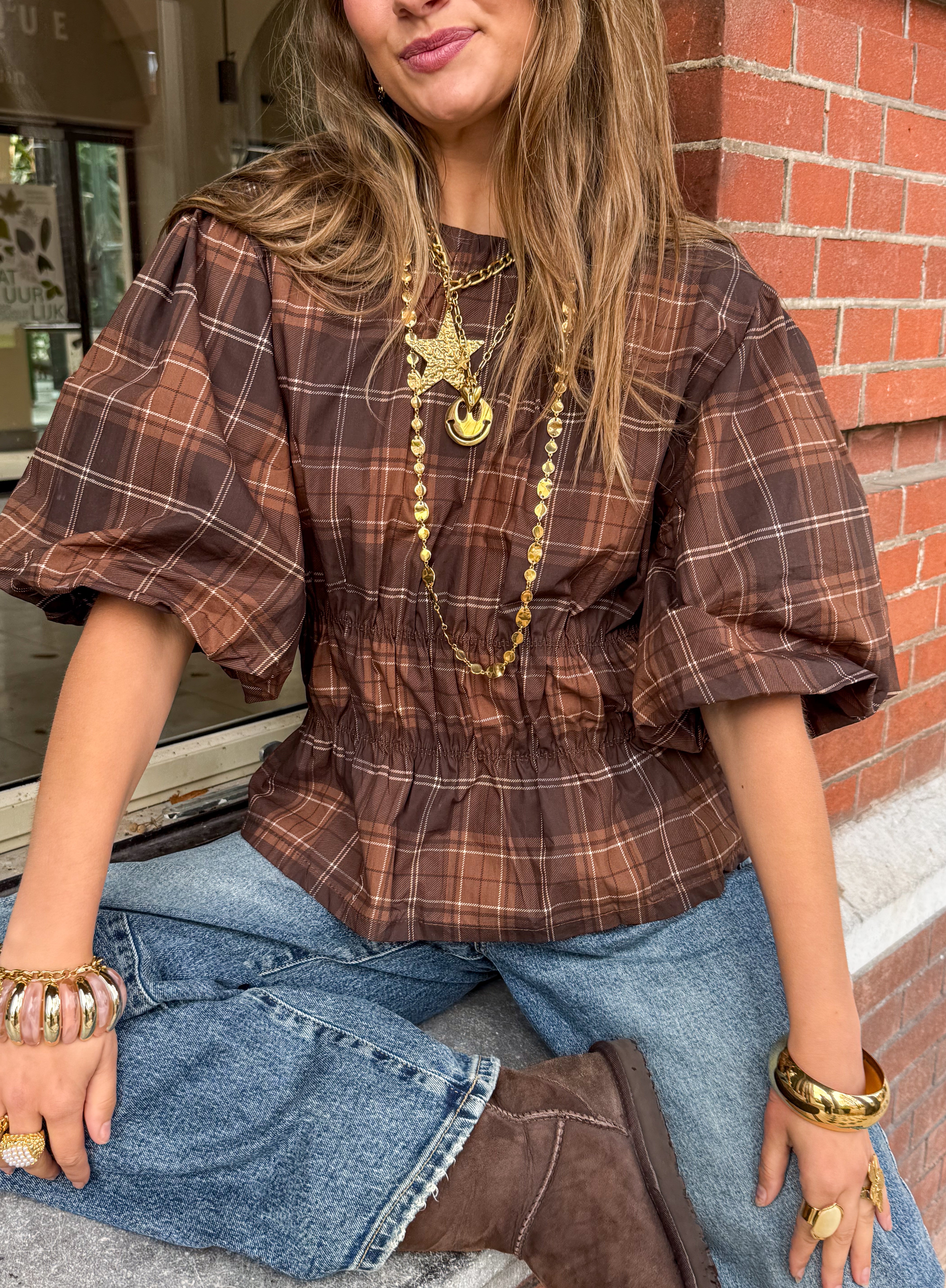 Blush Top Checkered Brown