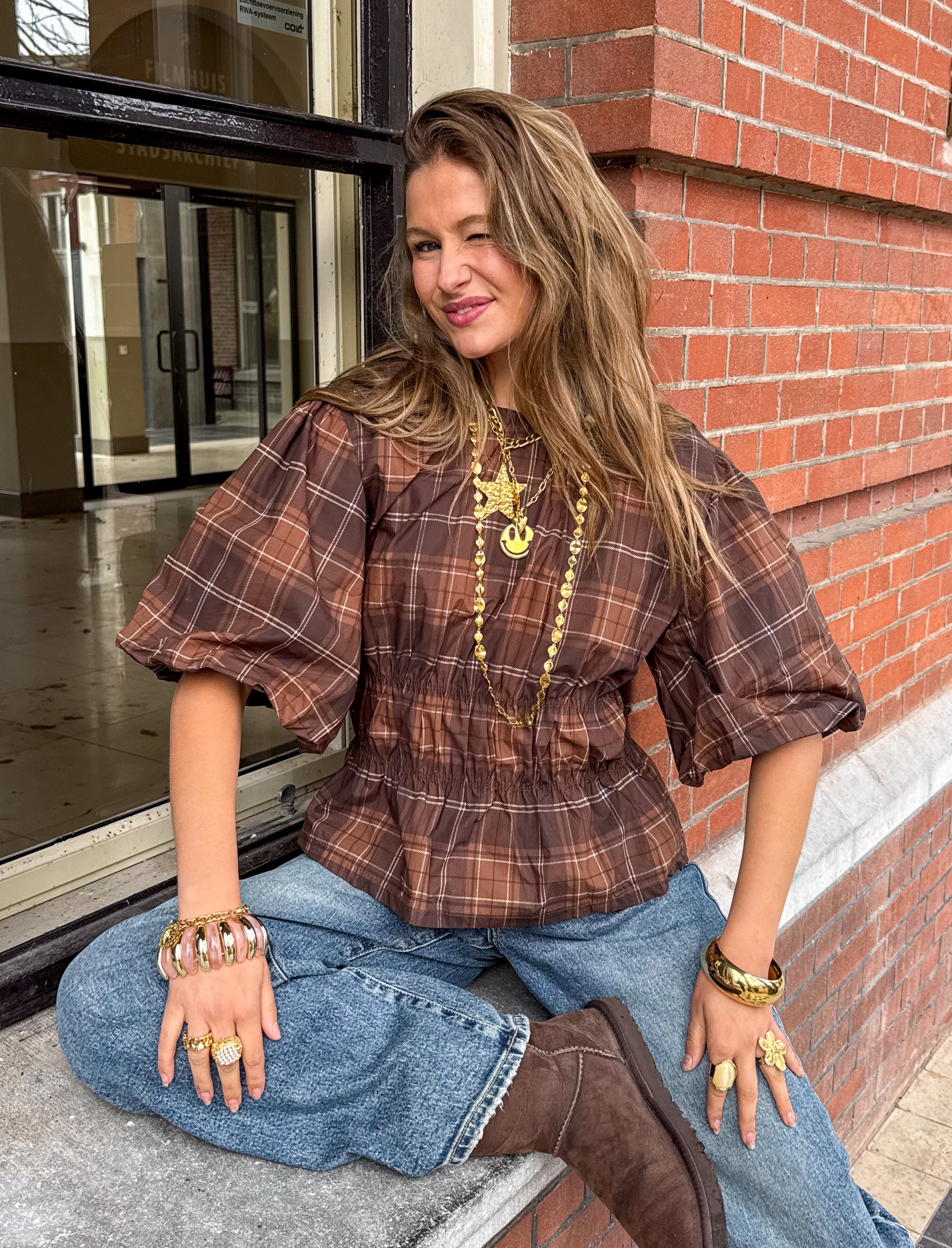 Blush Top Checkered Brown