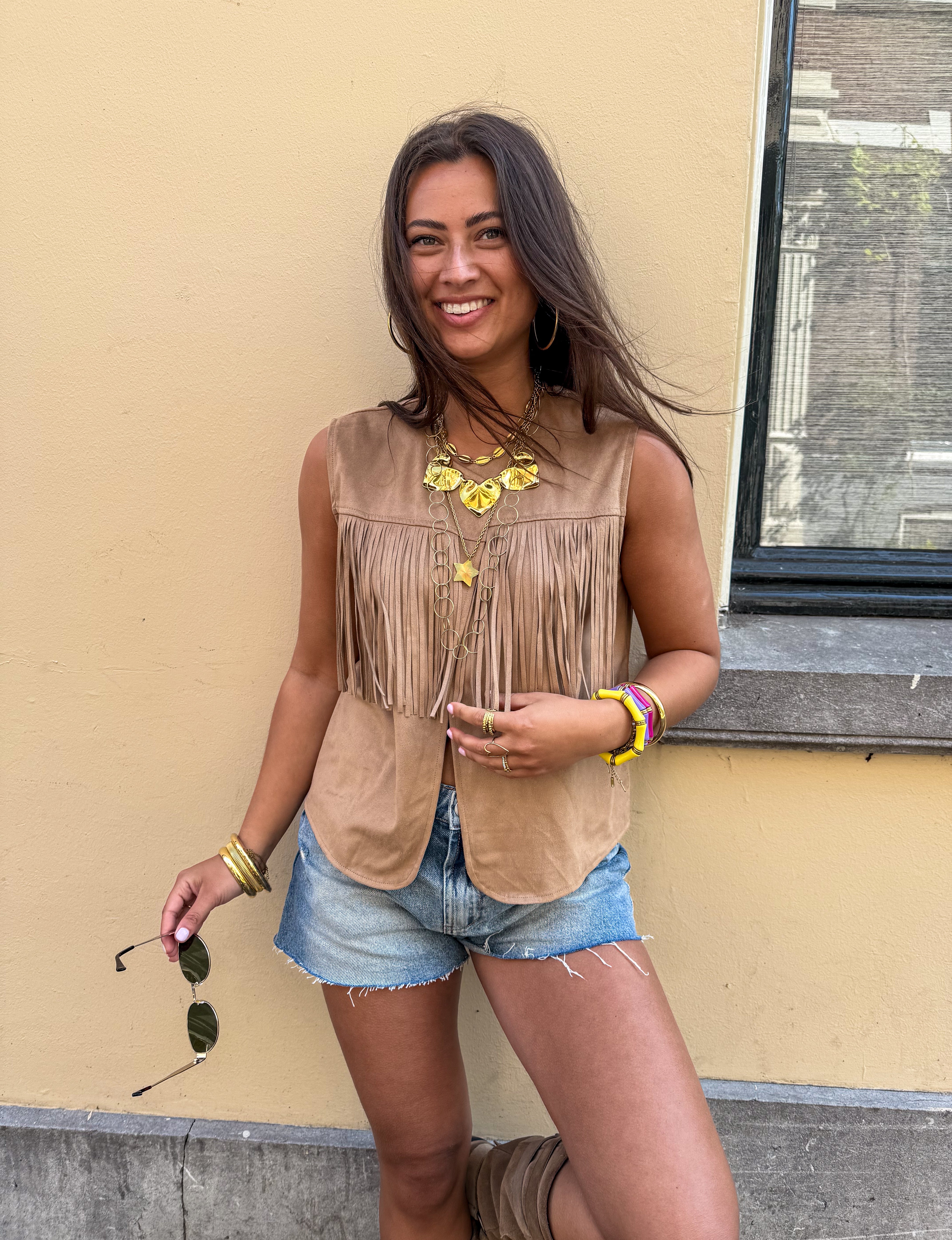 Gabriella Fringe Gilet Beige