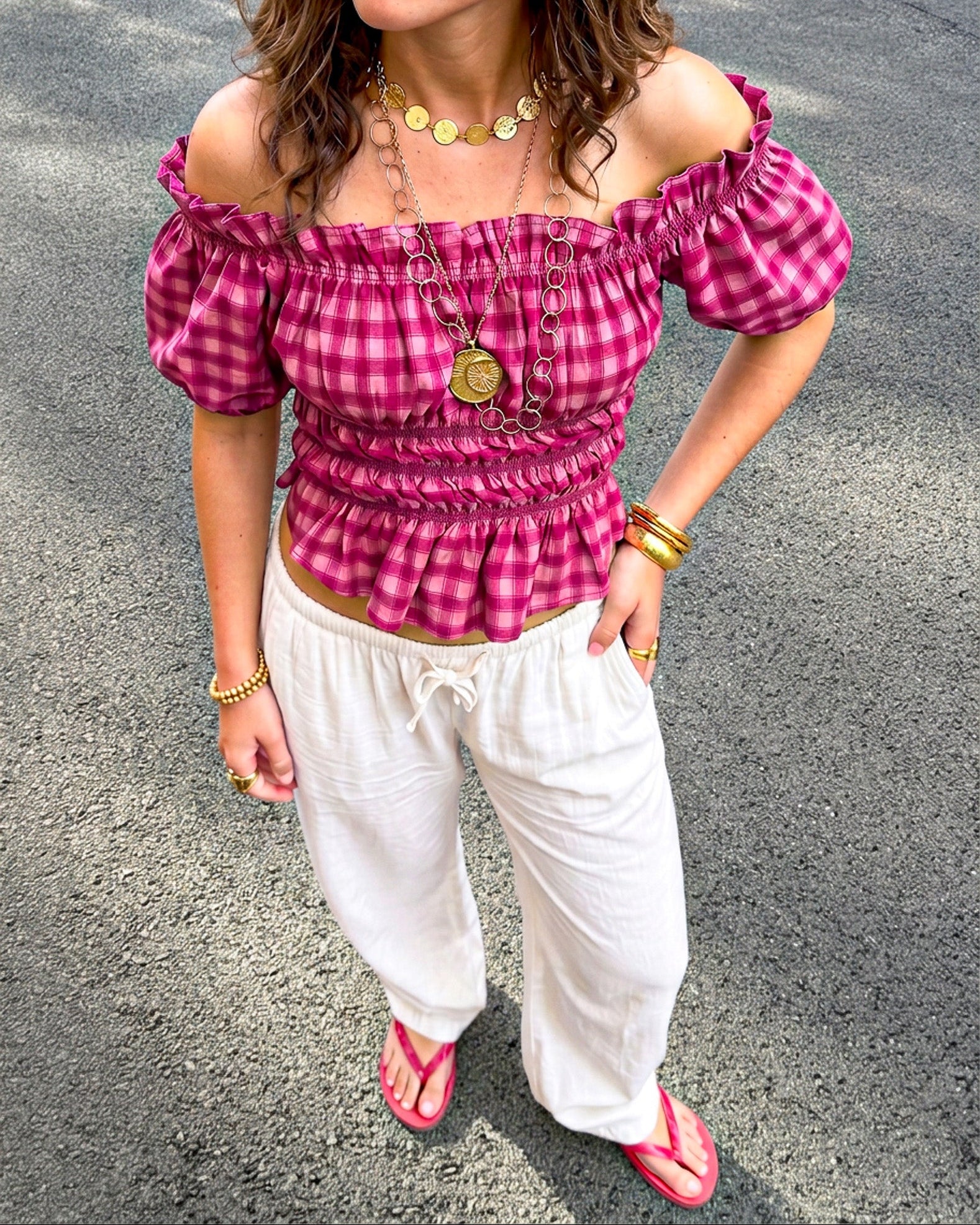 Lien Checkered Top Burgundy Pink