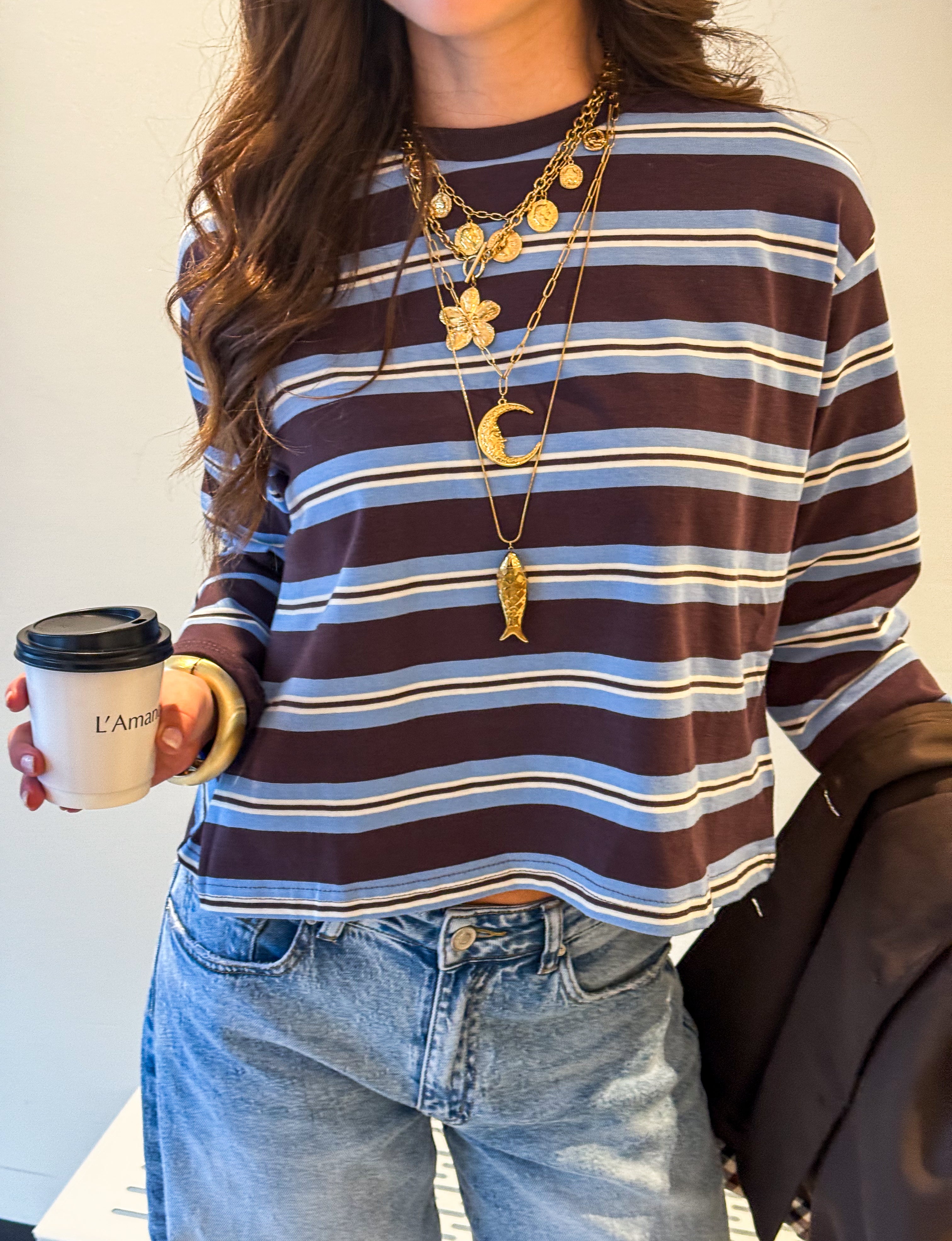 Marron Striped Shirt Brown Blue