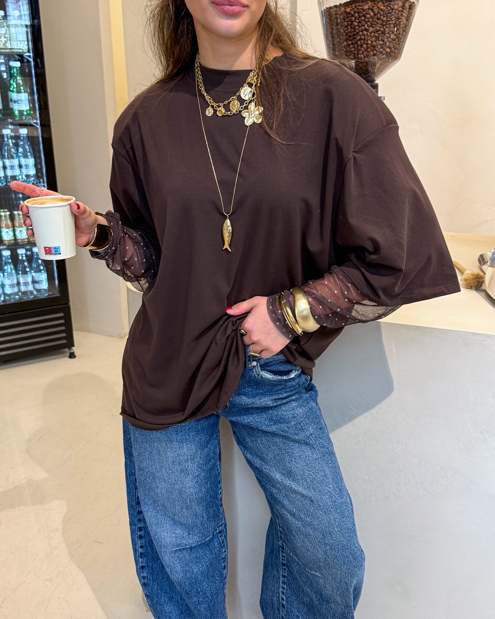 Maura Oversized T-Shirt Brown Dots Sleeves
