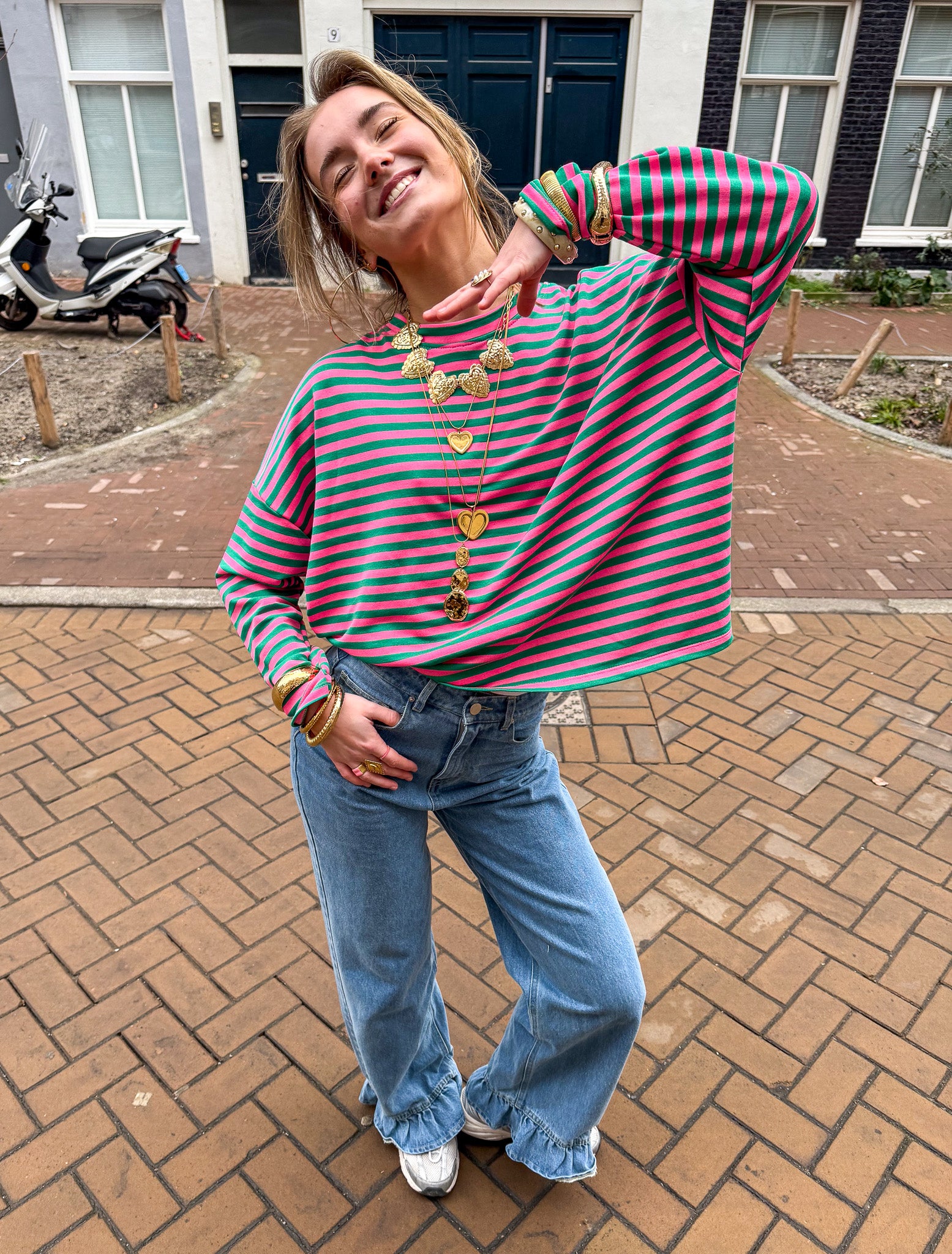 Mave Gestreepte Top Groen Roze