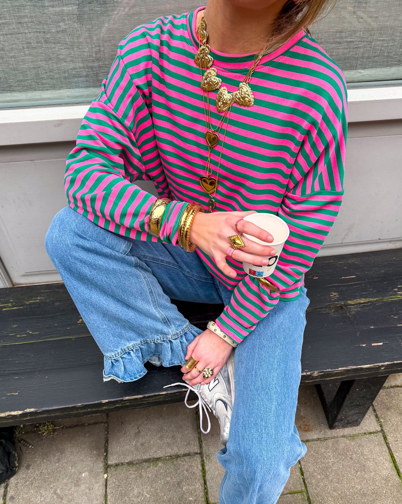 Mave Gestreepte Top Groen Roze