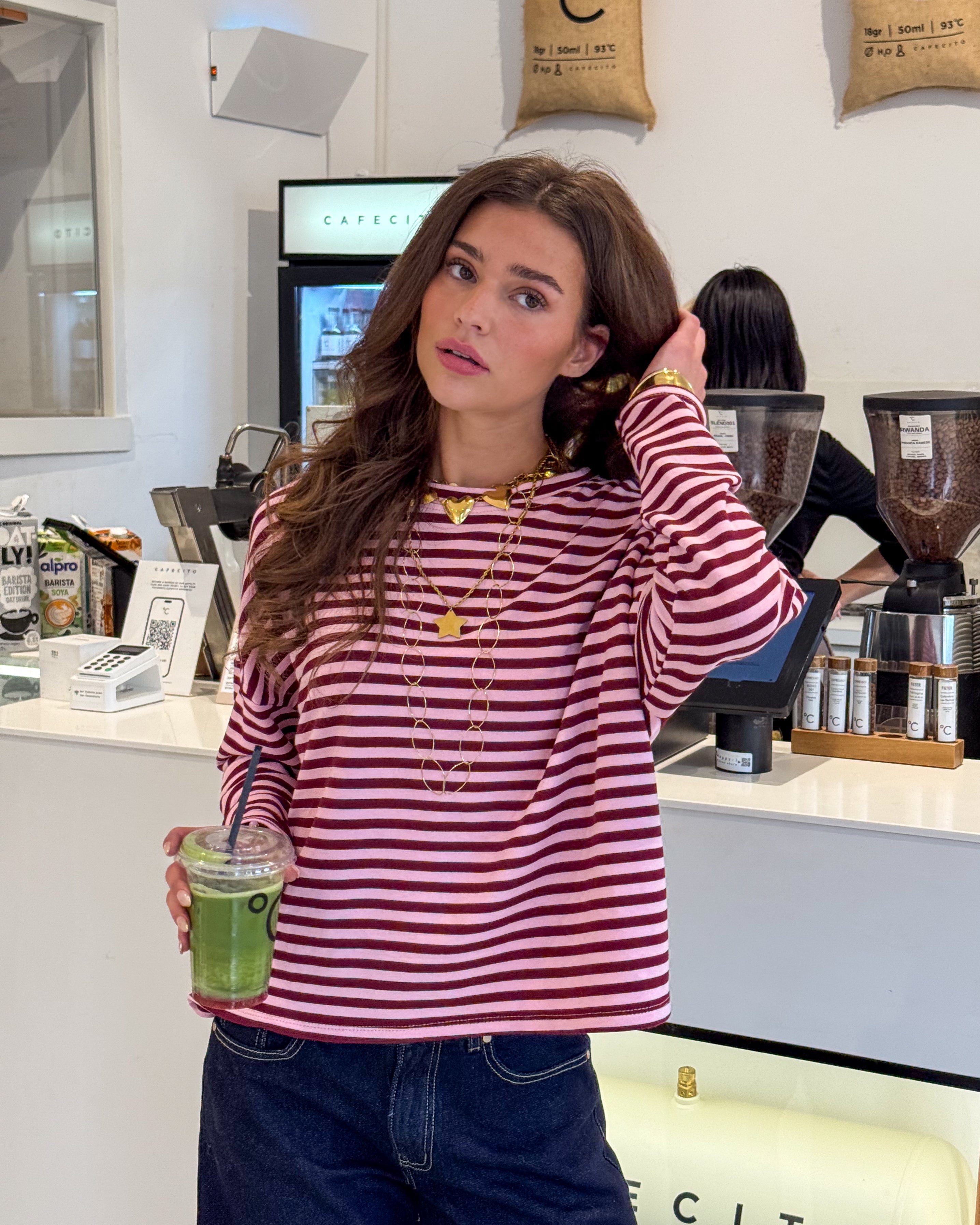 Mave Gestreepte Top Bordeaux Roze