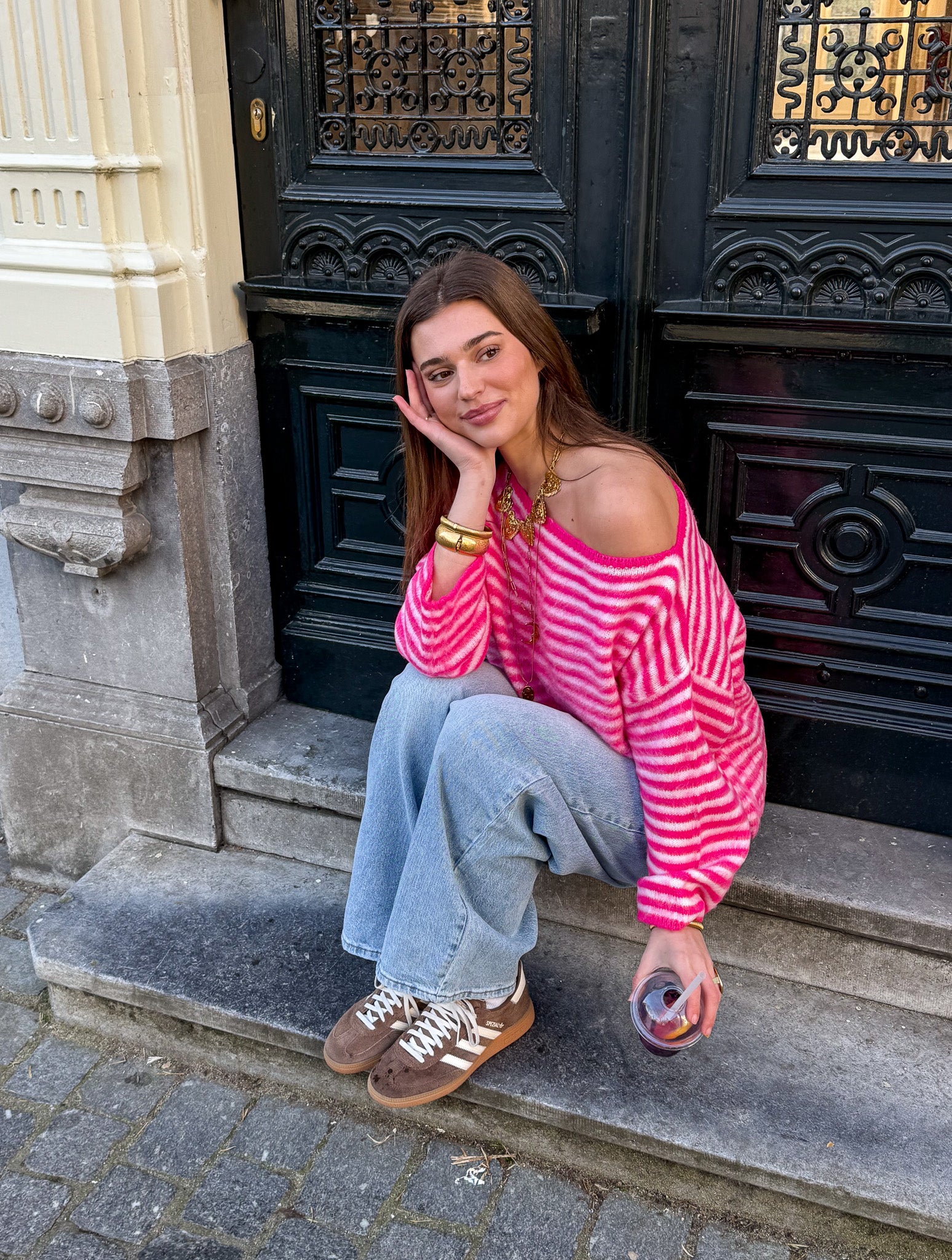 Moon Striped Off Shoulder Knit Pink