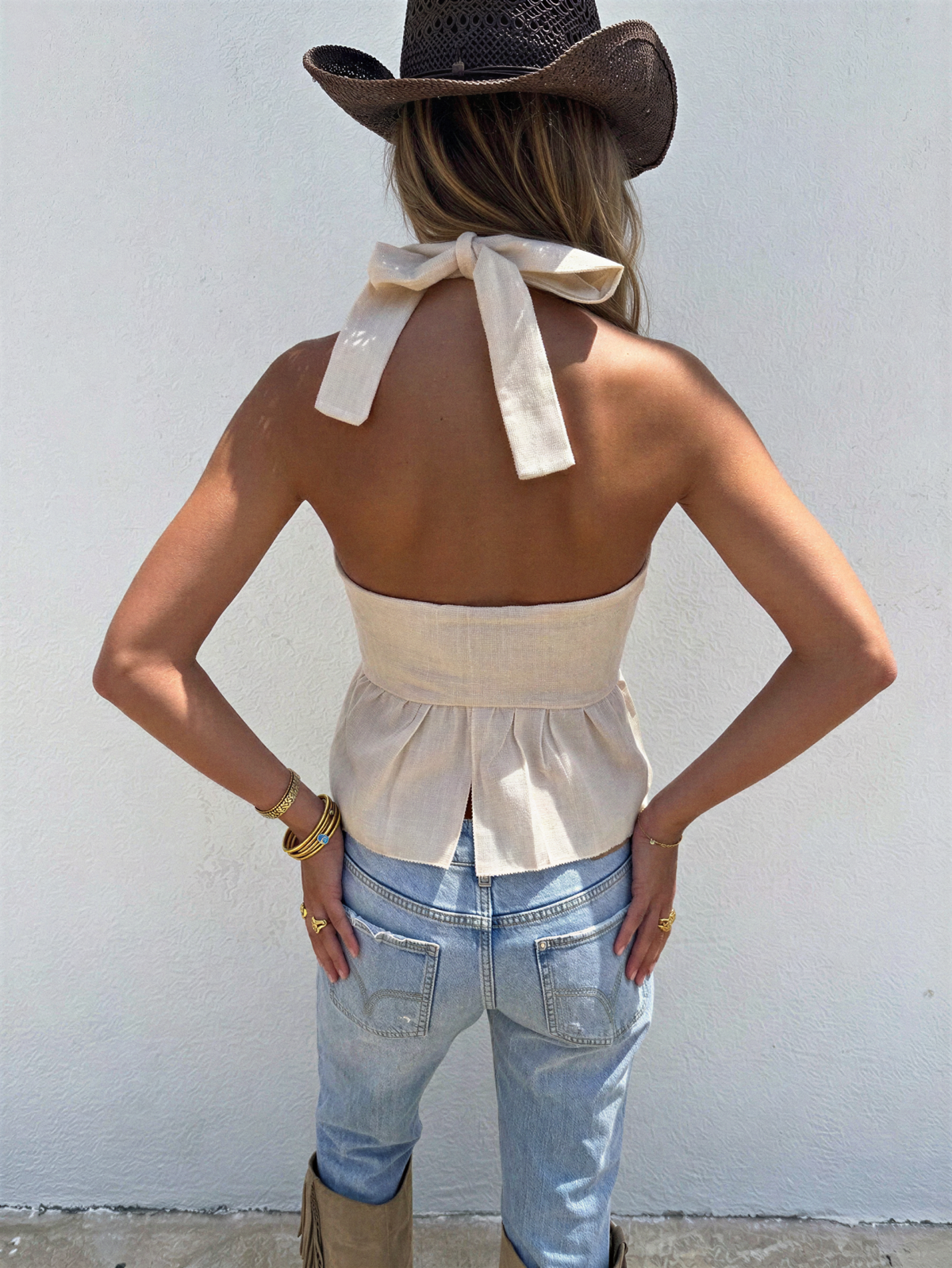 Moos Streep Halter Wrap Top | Beige