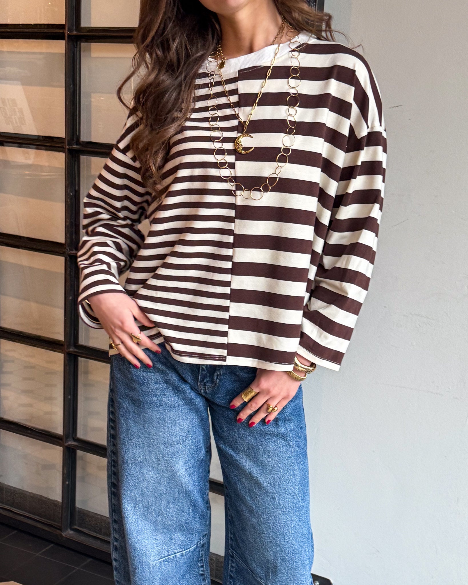 Noor T-shirt rayé à manches longues marron