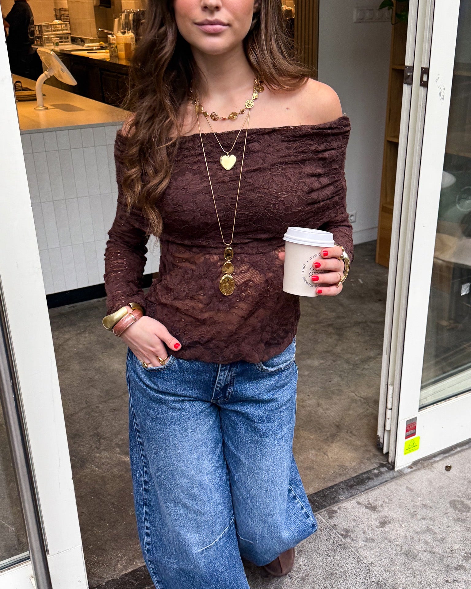 Off Shoulder Lace Top Brown