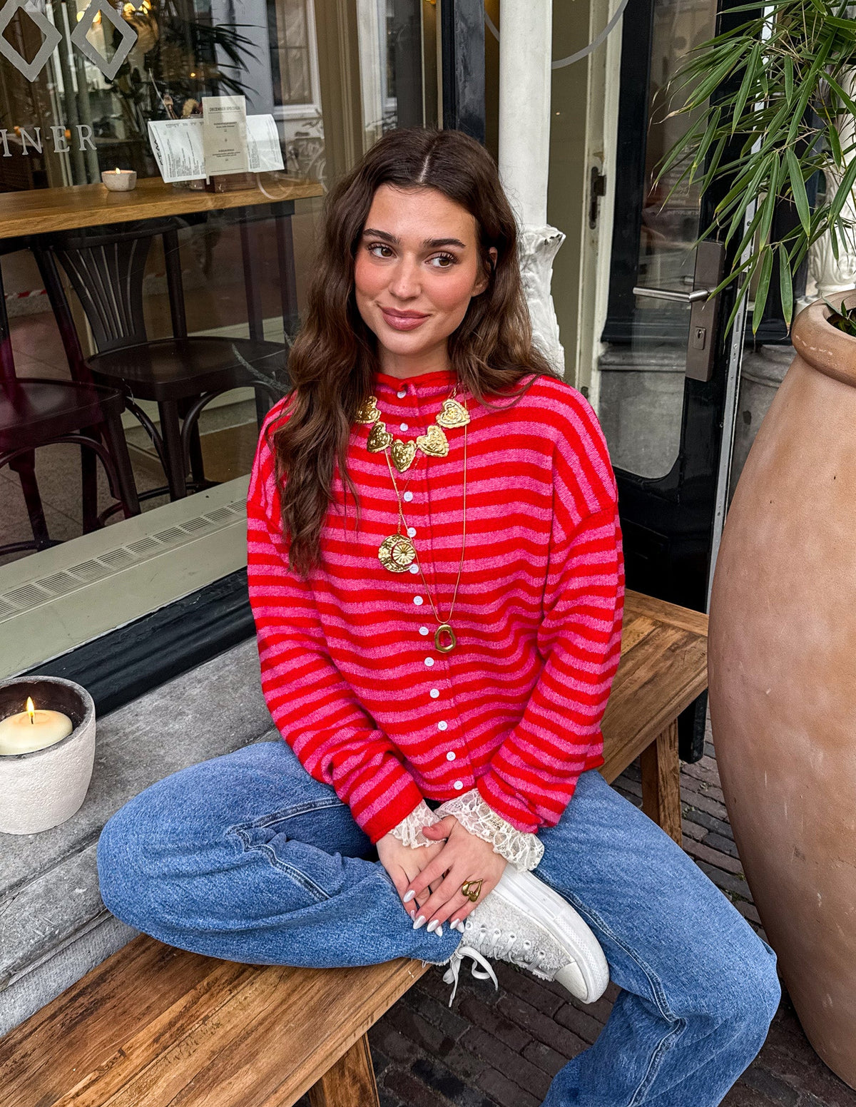 Serena Vest Gestreept | Red Pink