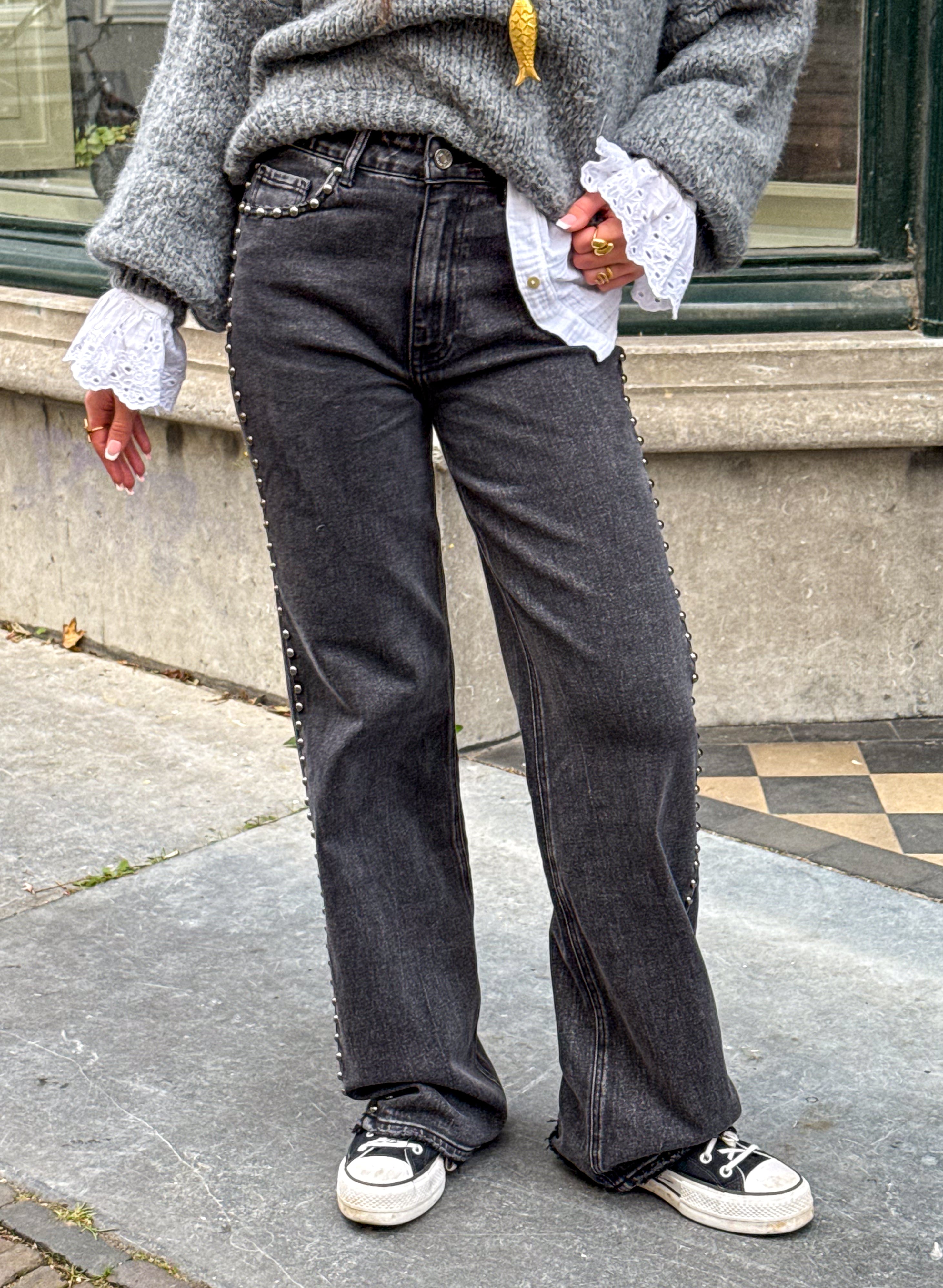 Wide Leg Jeans TALL Studs Dark Grey
