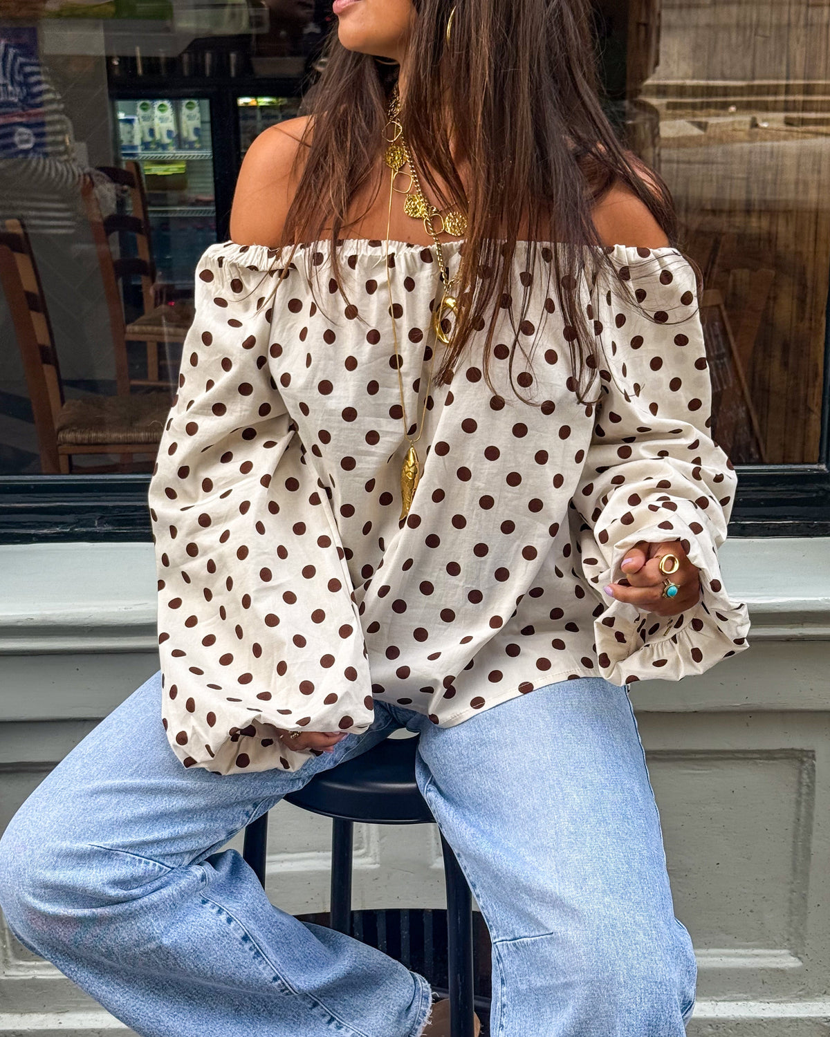 Benthe Off Shoulder Stippen Top | White