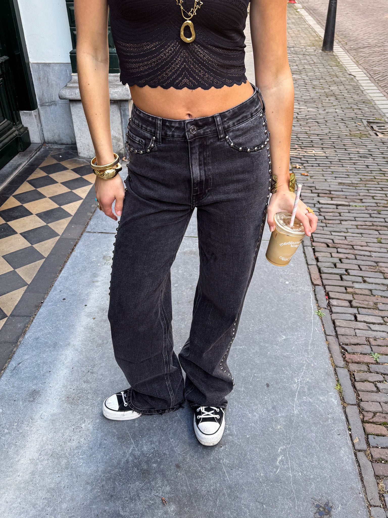 Wide Leg Jeans TALL Studs Dark Grey