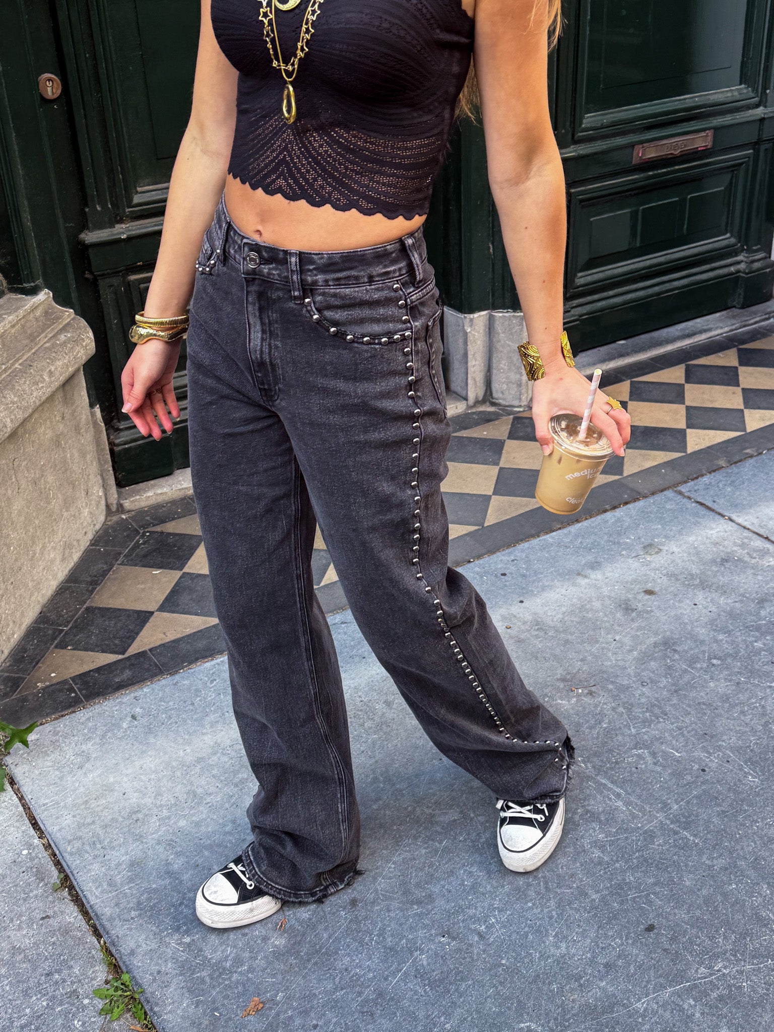 Wide Leg Jeans TALL Studs Dark Grey