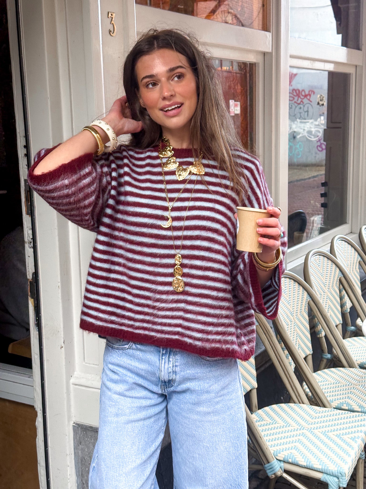 Bombay Gestreepte Trui Blauw/Bordeaux