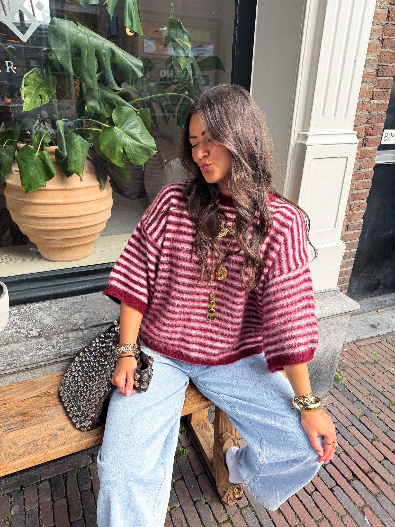 Bombay Gestreepte Trui Bordeaux/Roze