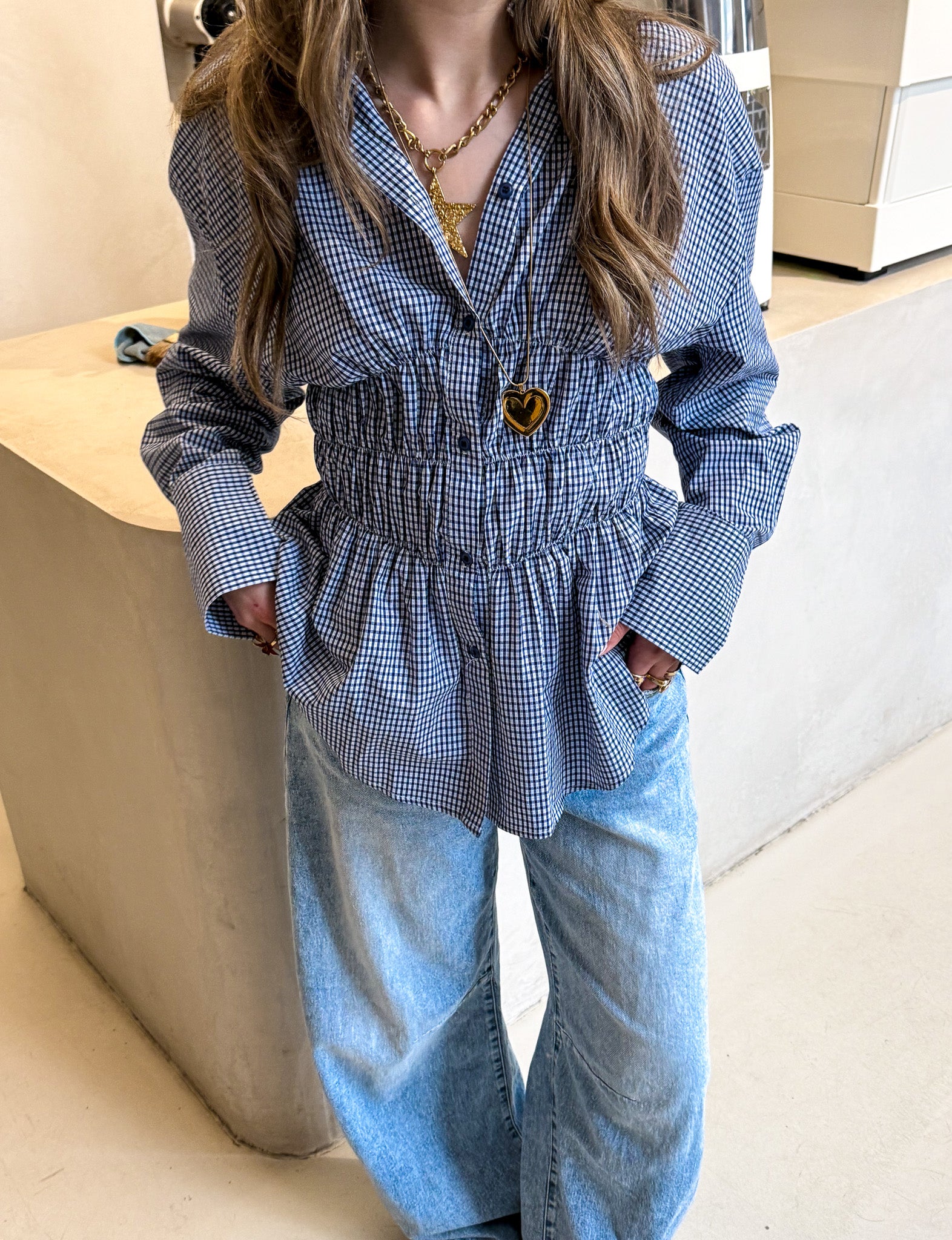 Brooks Geruite Blouse Navy