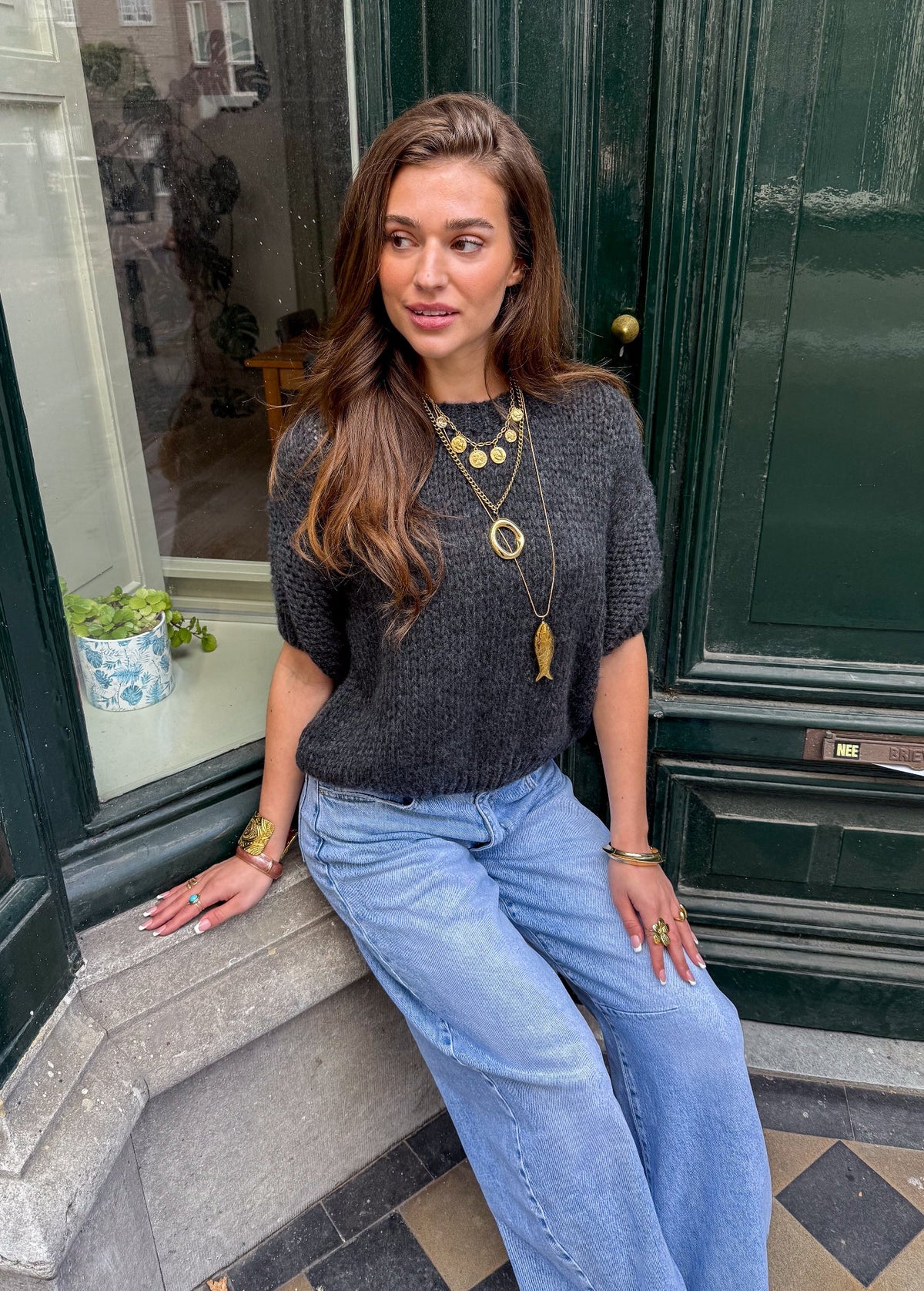 Donna Korte Mouwen Trui | Dark Grey