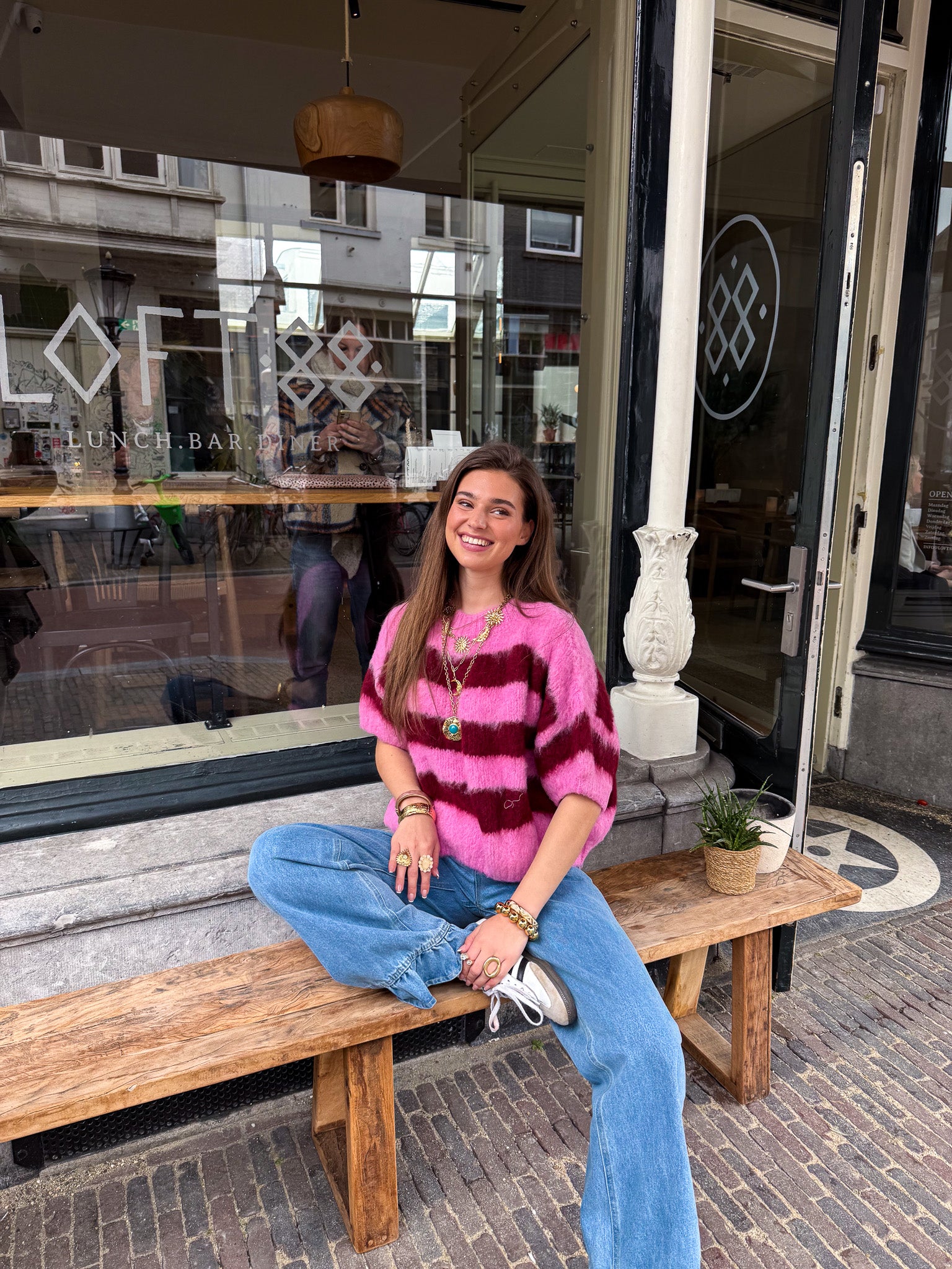 Drew Gestreepte Trui Bordeux/Roze