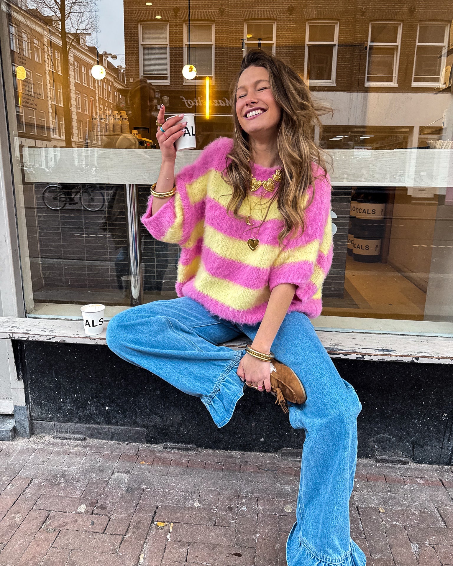 Drew Gestreepte Trui Roze/Lichtgeel