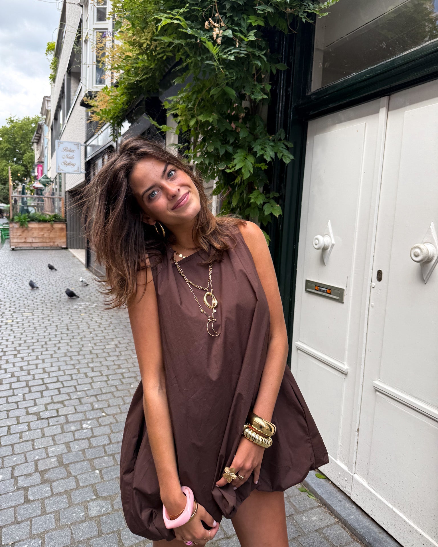 Mary Balloon Dress Brown