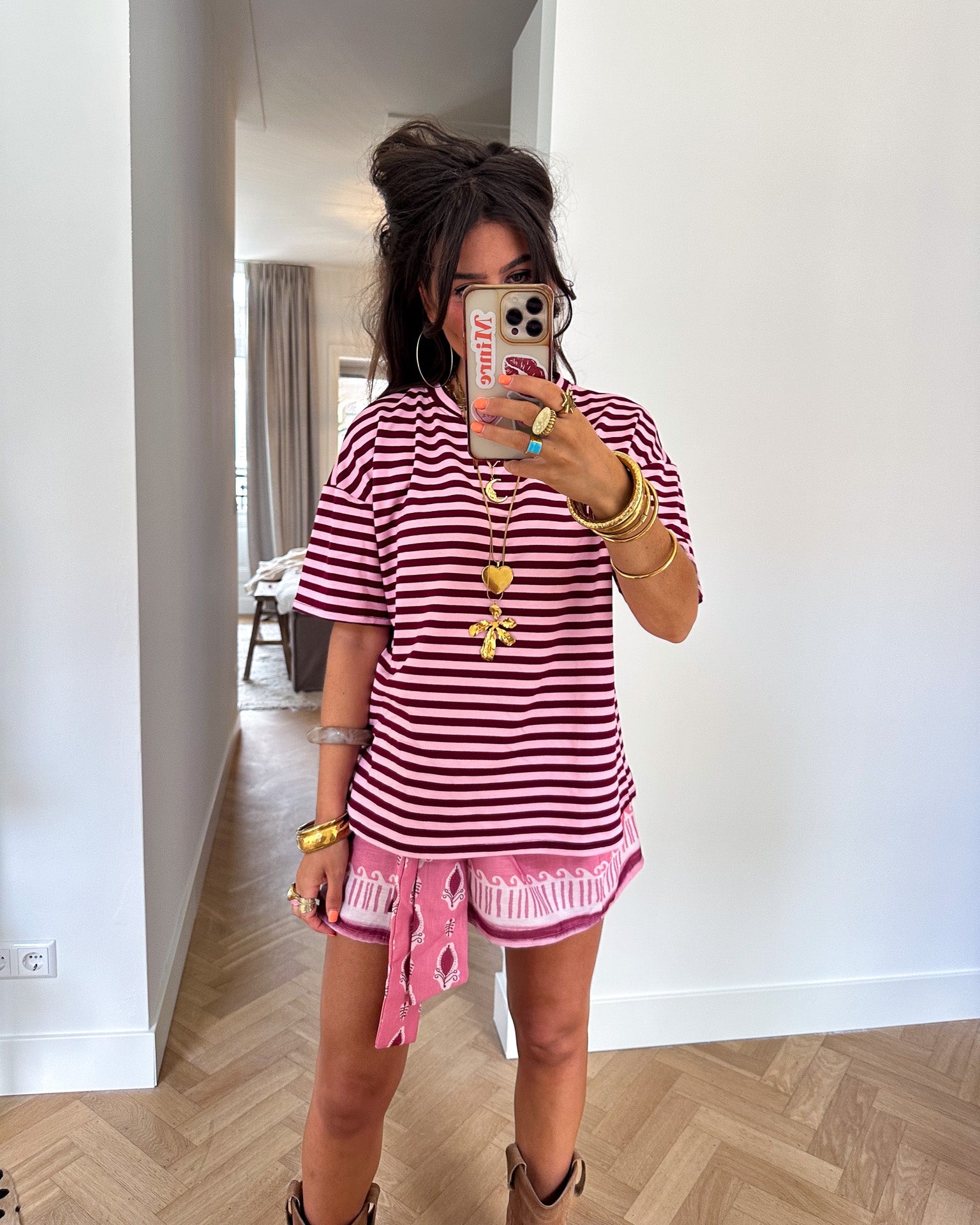 Fem Streep T-Shirt Bordeaux Roze