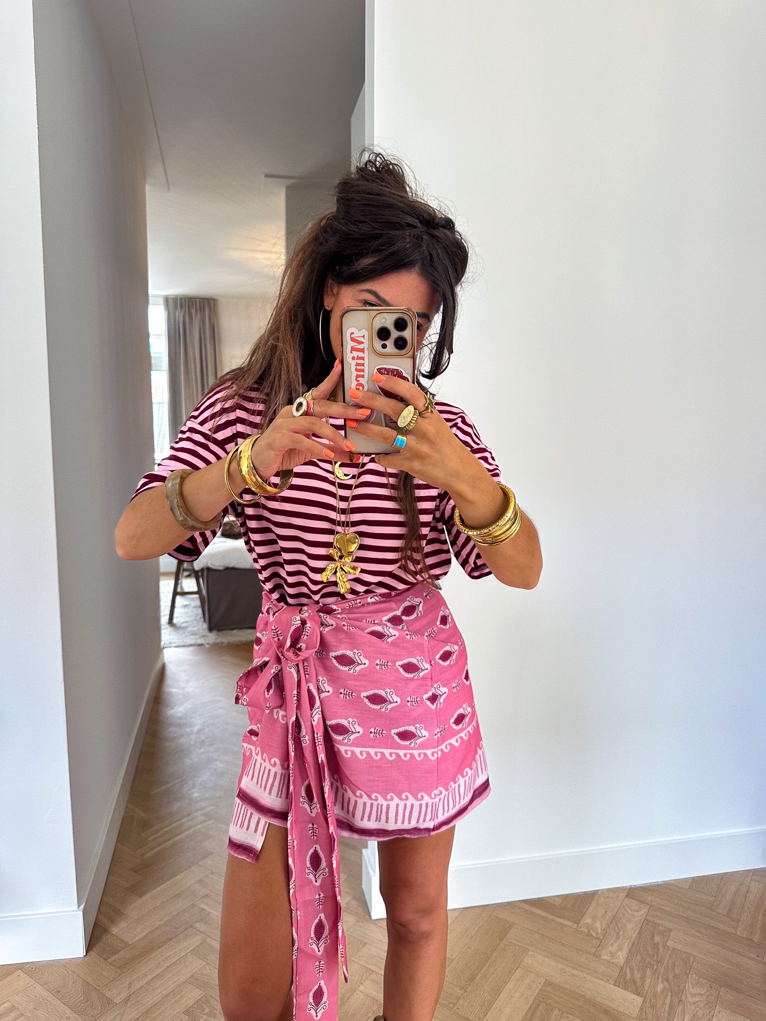 Fem Streep T-Shirt Bordeaux Roze