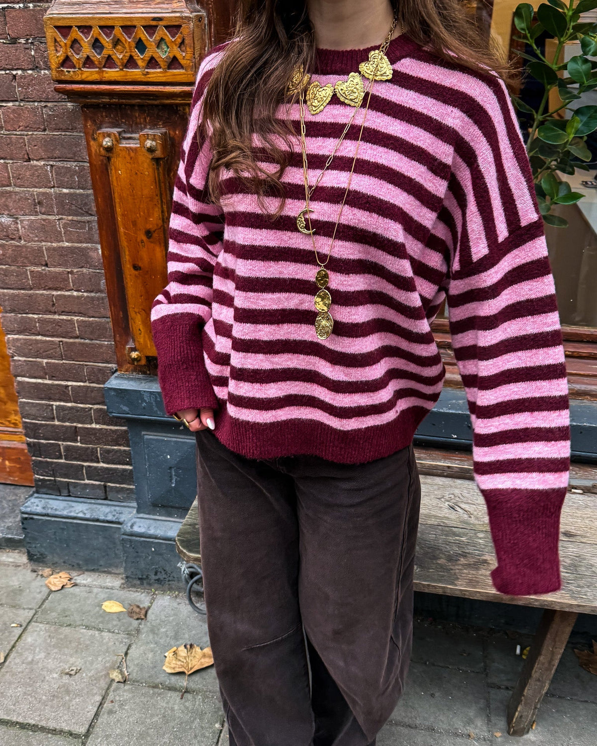 Gemma Gestreepte Trui | Pink Bordeaux