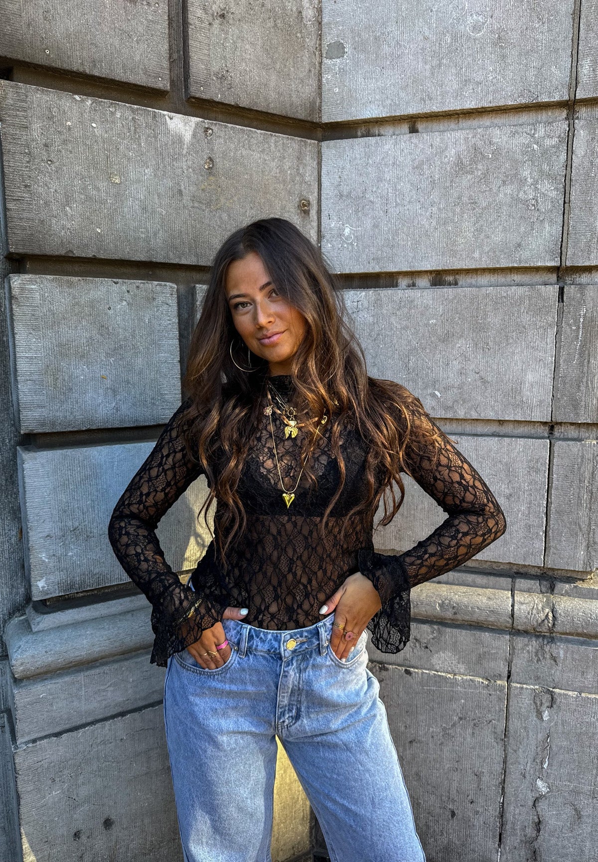 Jade Lace Longsleeve Top | Black