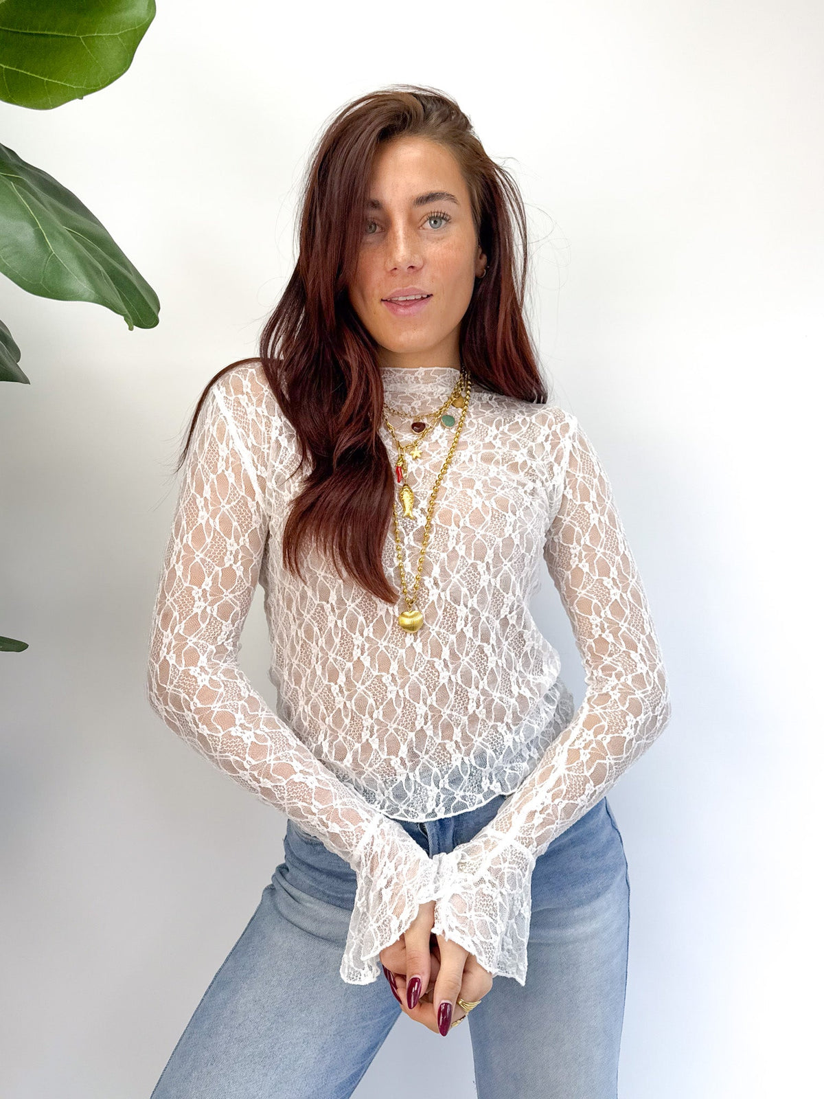 Jade Lace Longsleeve Top | White
