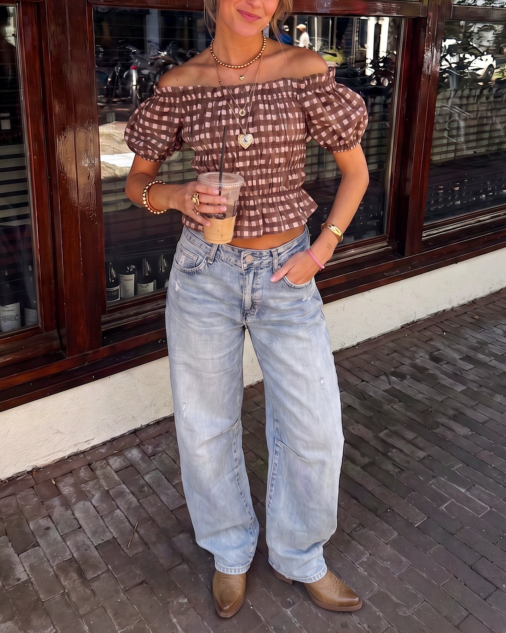 Lien Checkered Top Marron