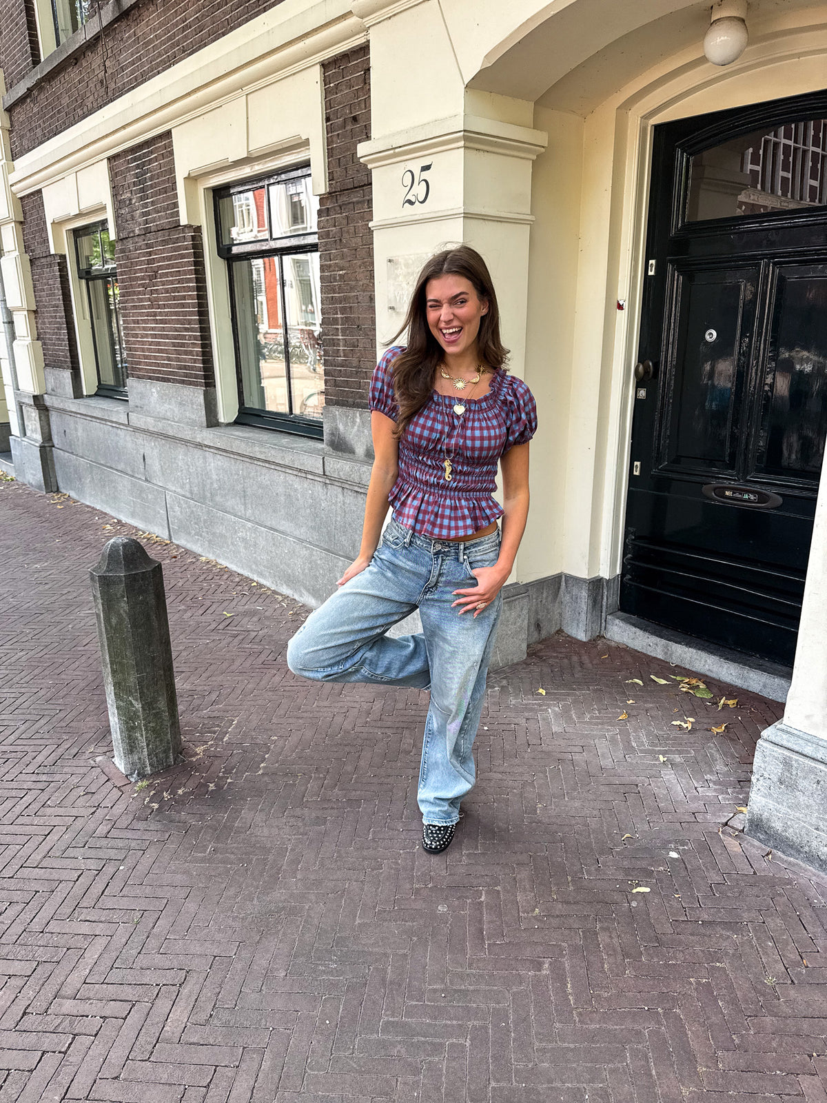 Lien Geruite Top Blauw