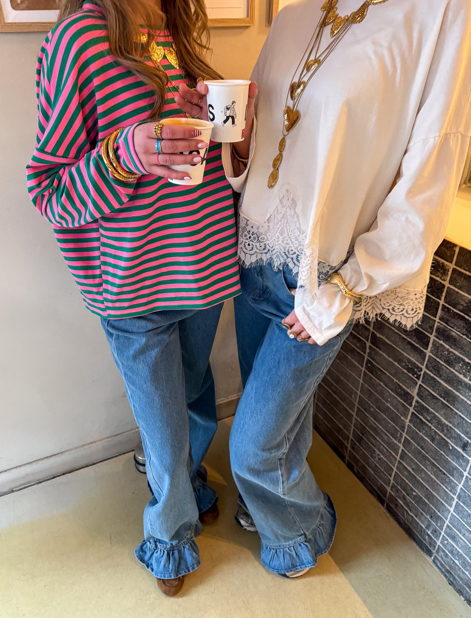 Mave Gestreepte Top Groen Roze