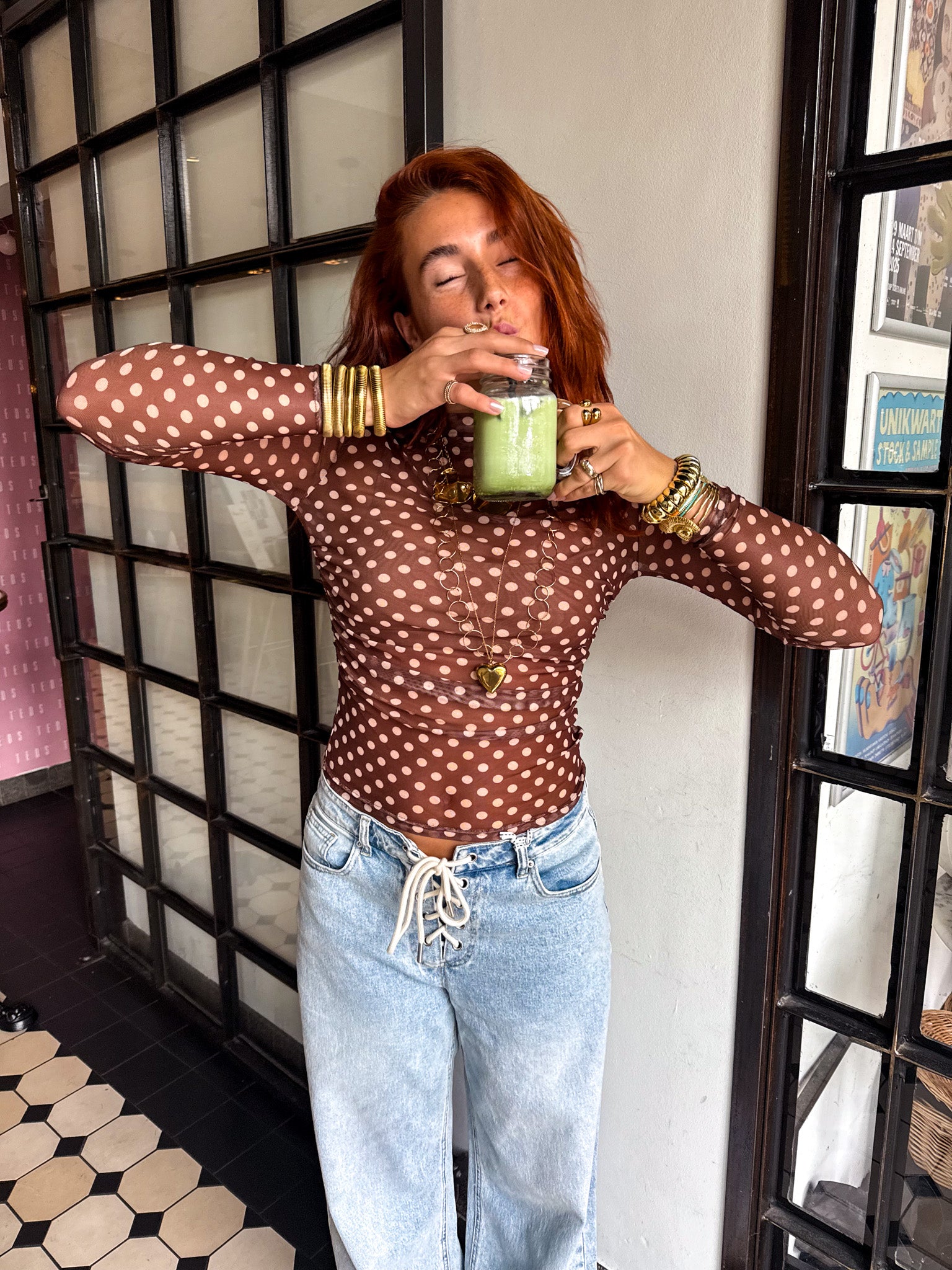 Mesh Top Dots Brown