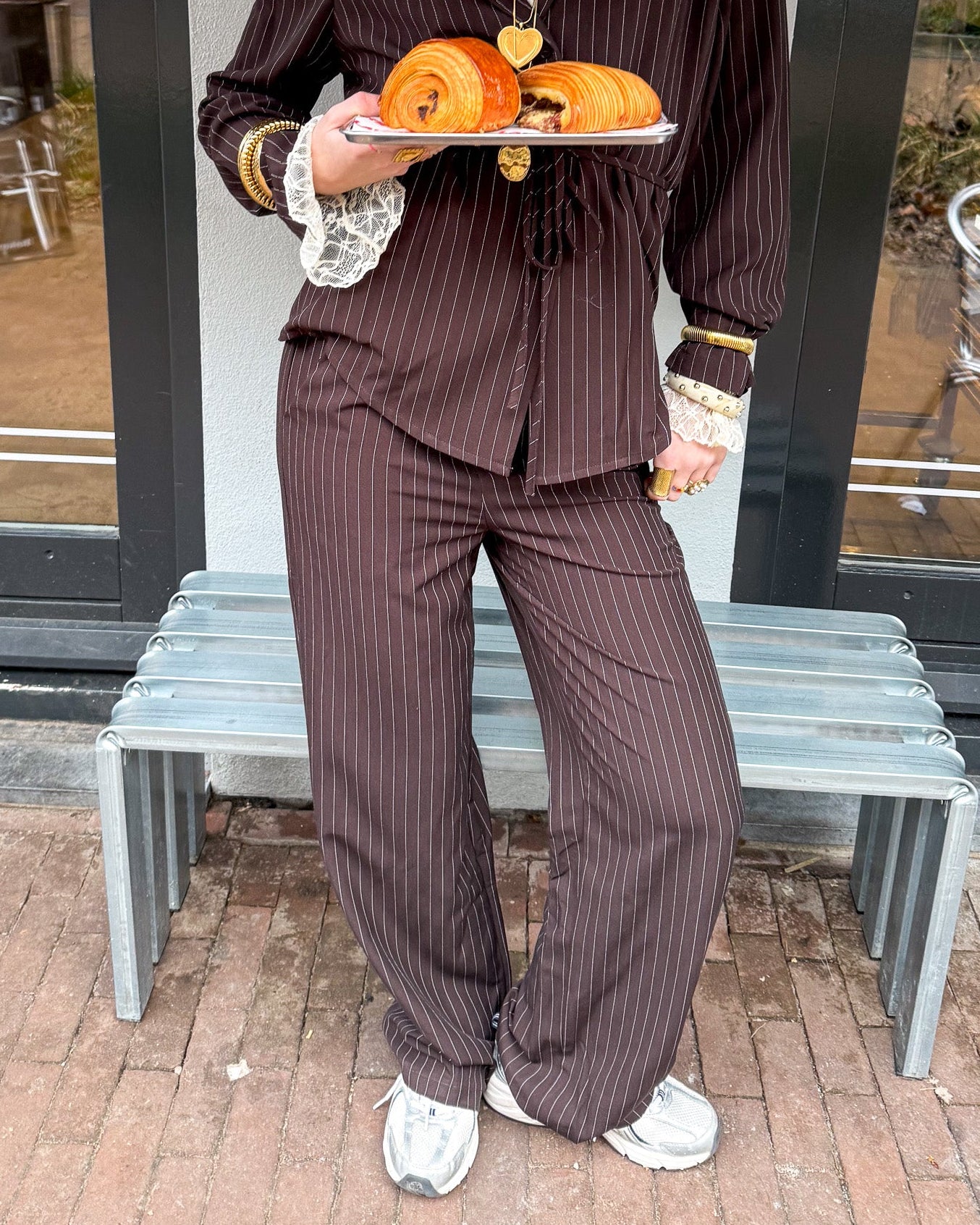 Mist Pantalon Bruin Gestreept