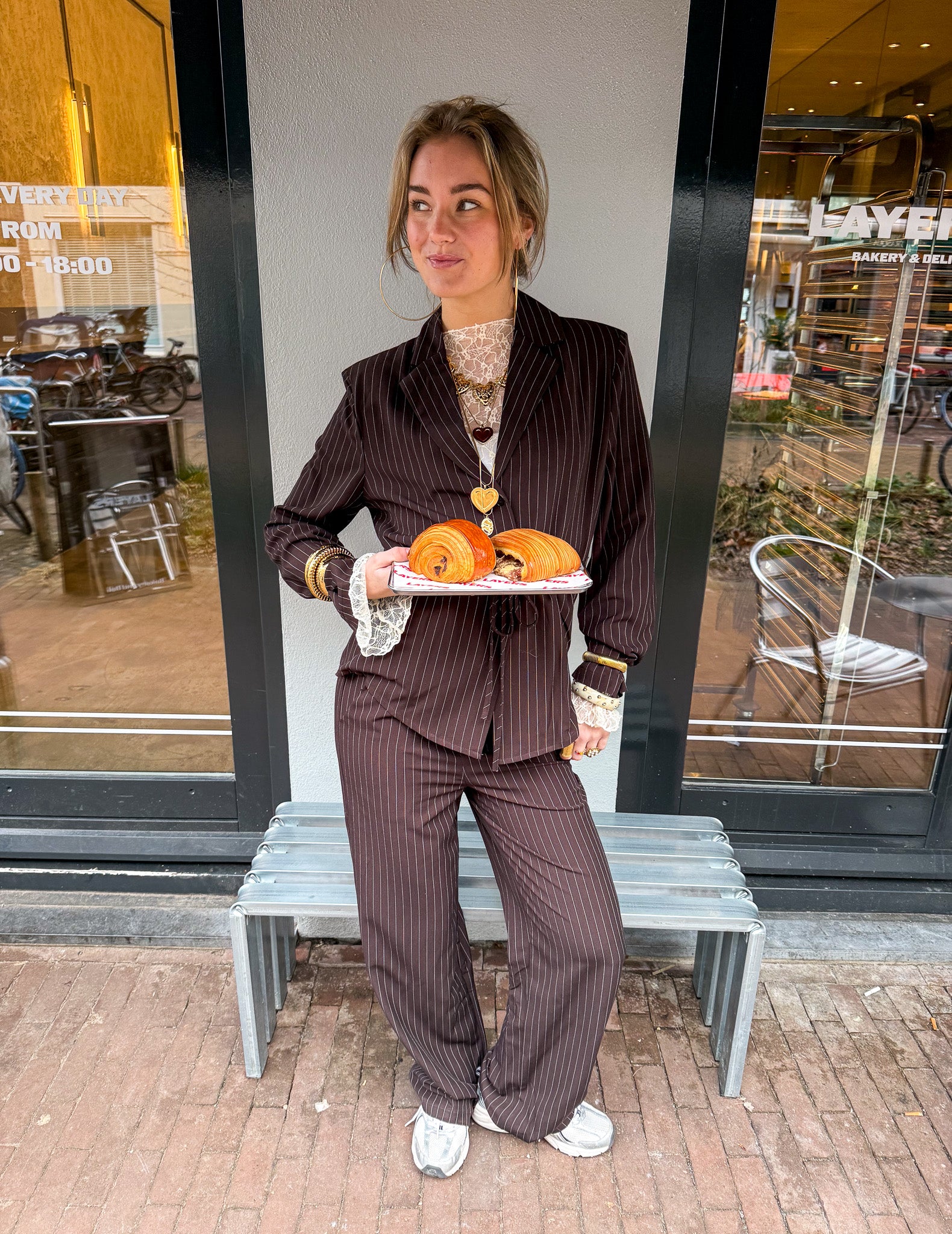 Mist Pantalon Bruin Gestreept
