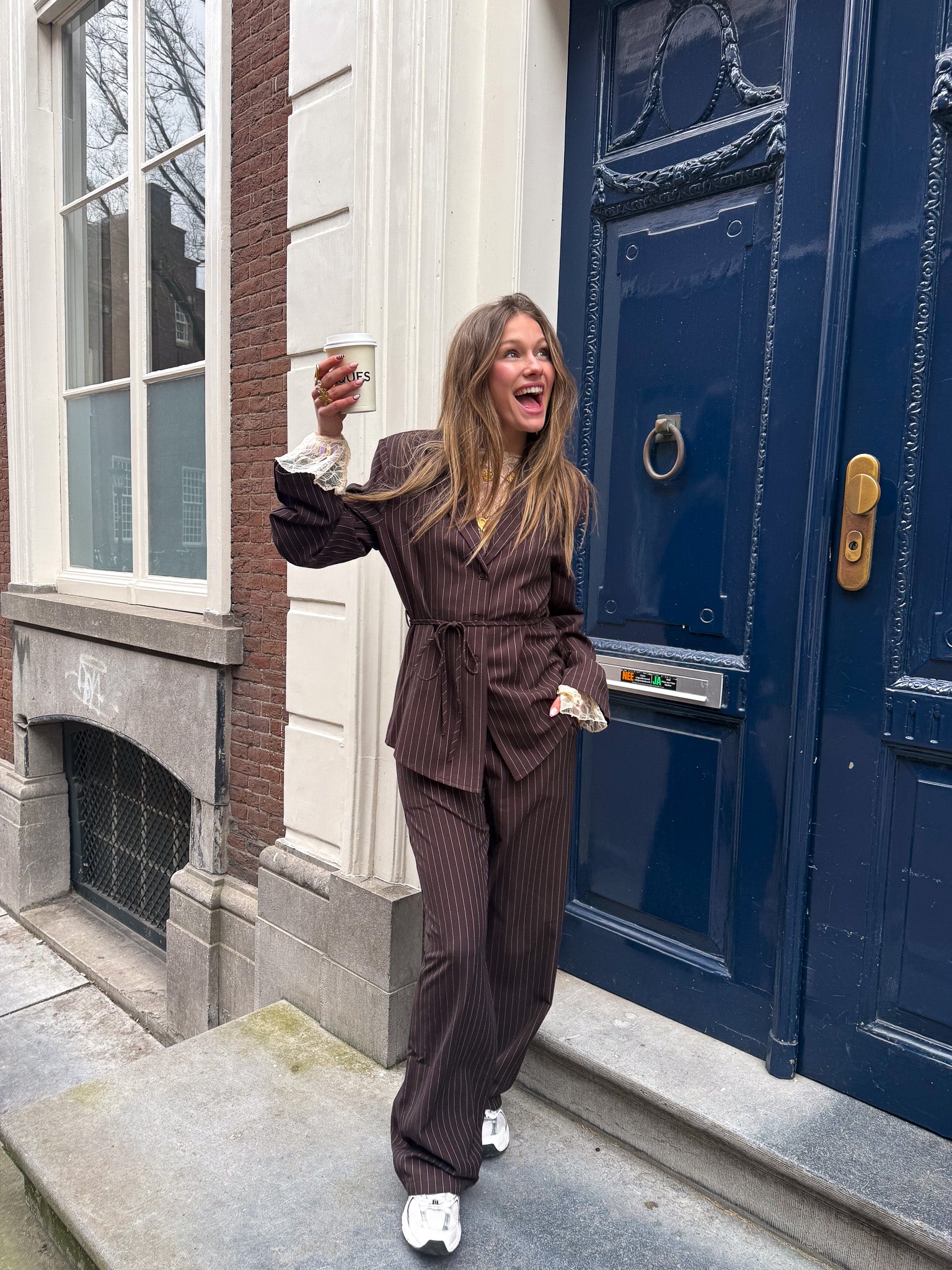 Mist Blazer Bruin Gestreept