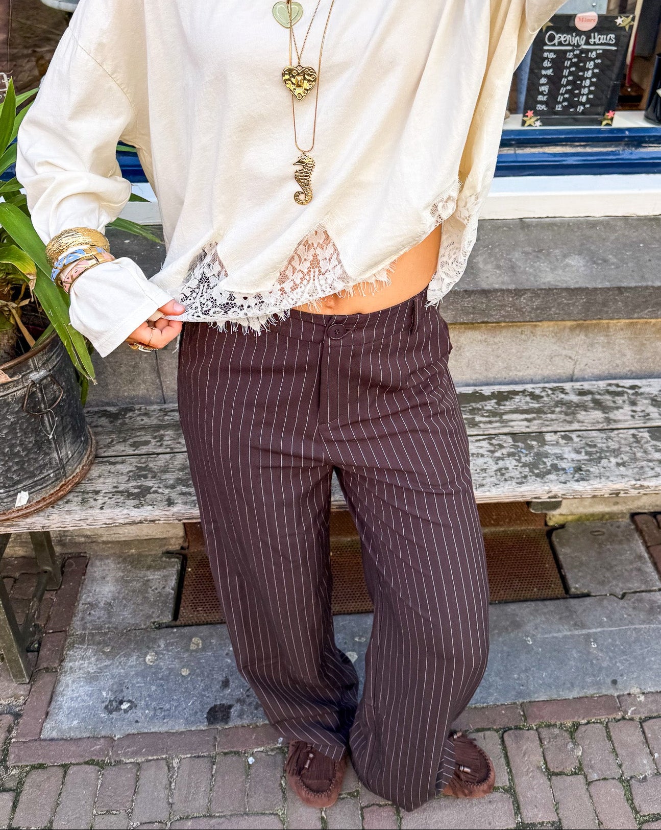 Mist Pantalon Bruin Gestreept