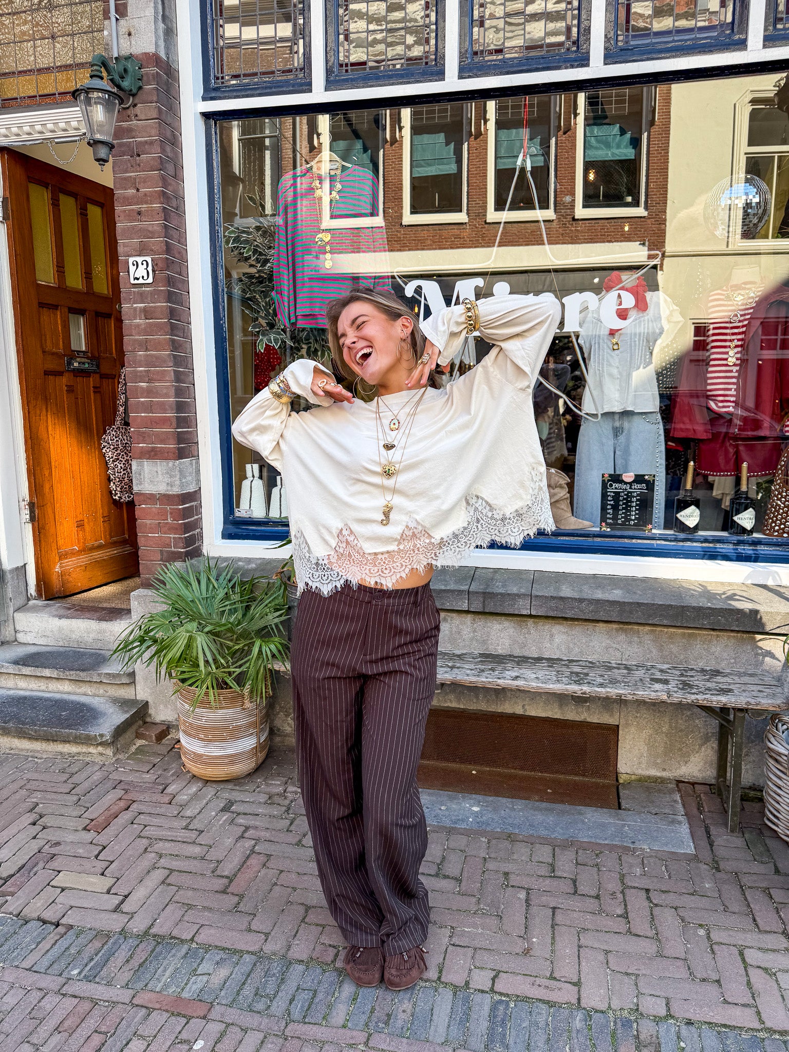 Mist Pantalon Bruin Gestreept