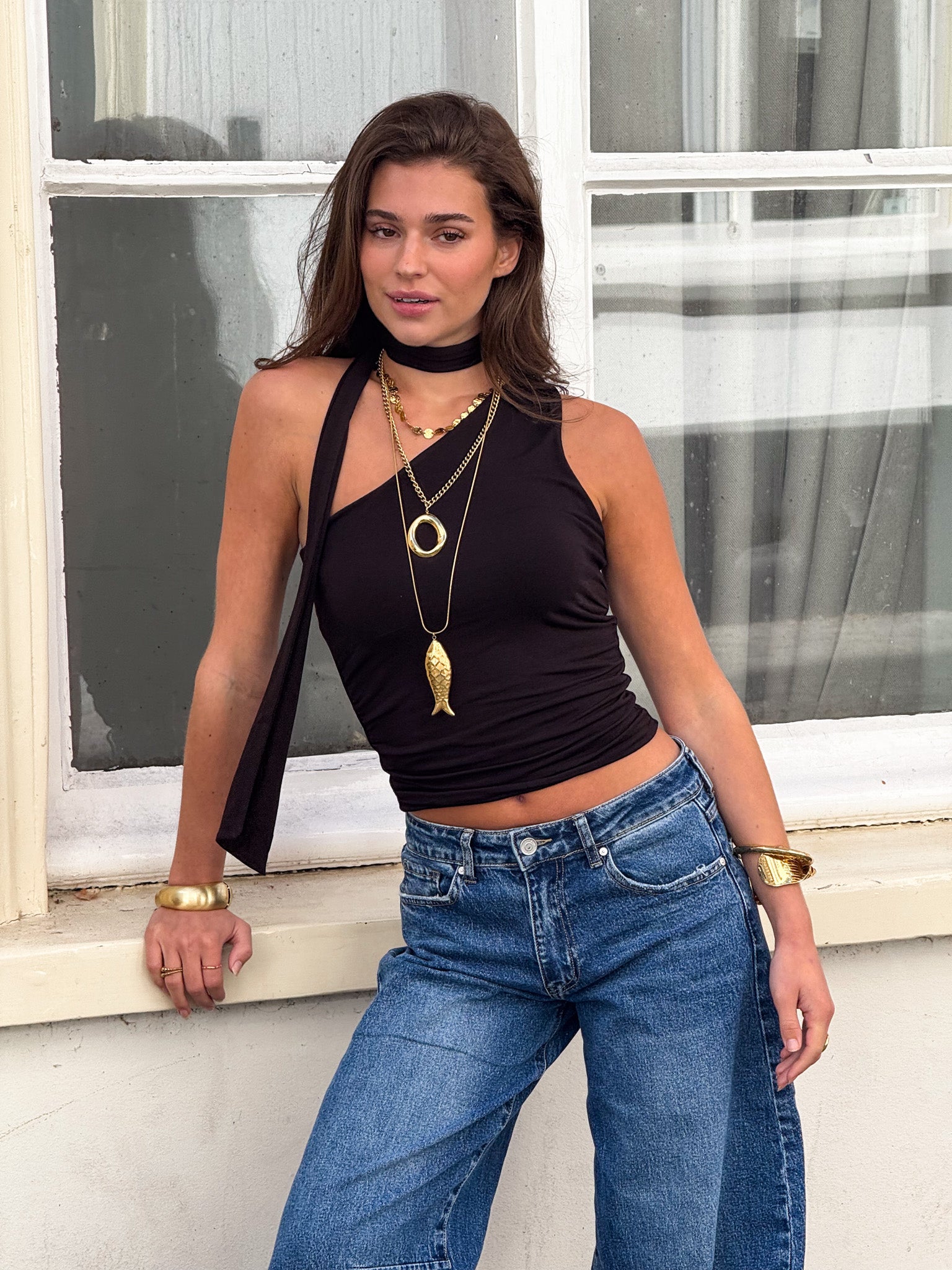 Moonlit Scarf Top Dark Brown