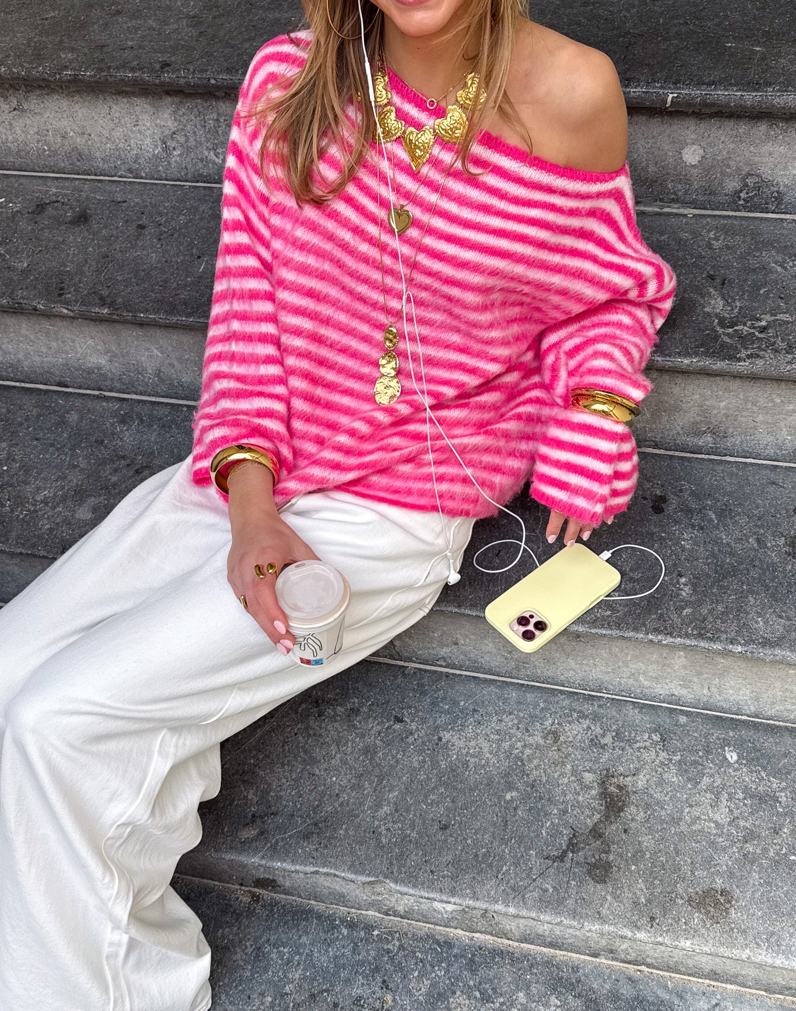 Moon Striped Off Shoulder Knit Pink