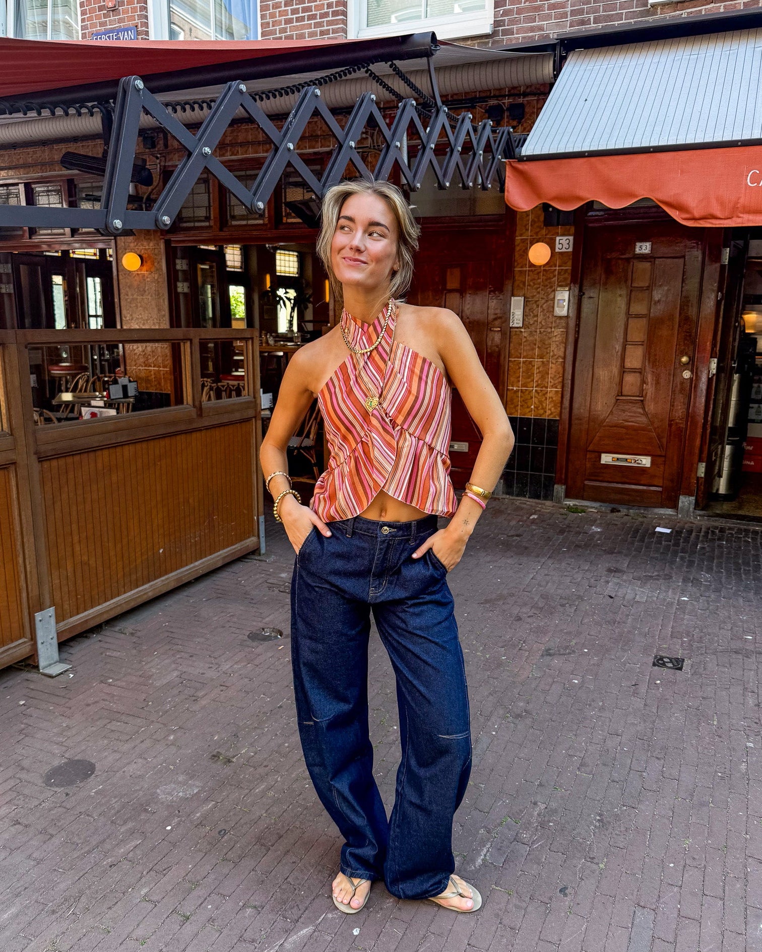 Moos Streep Halter Wrap Top Roze