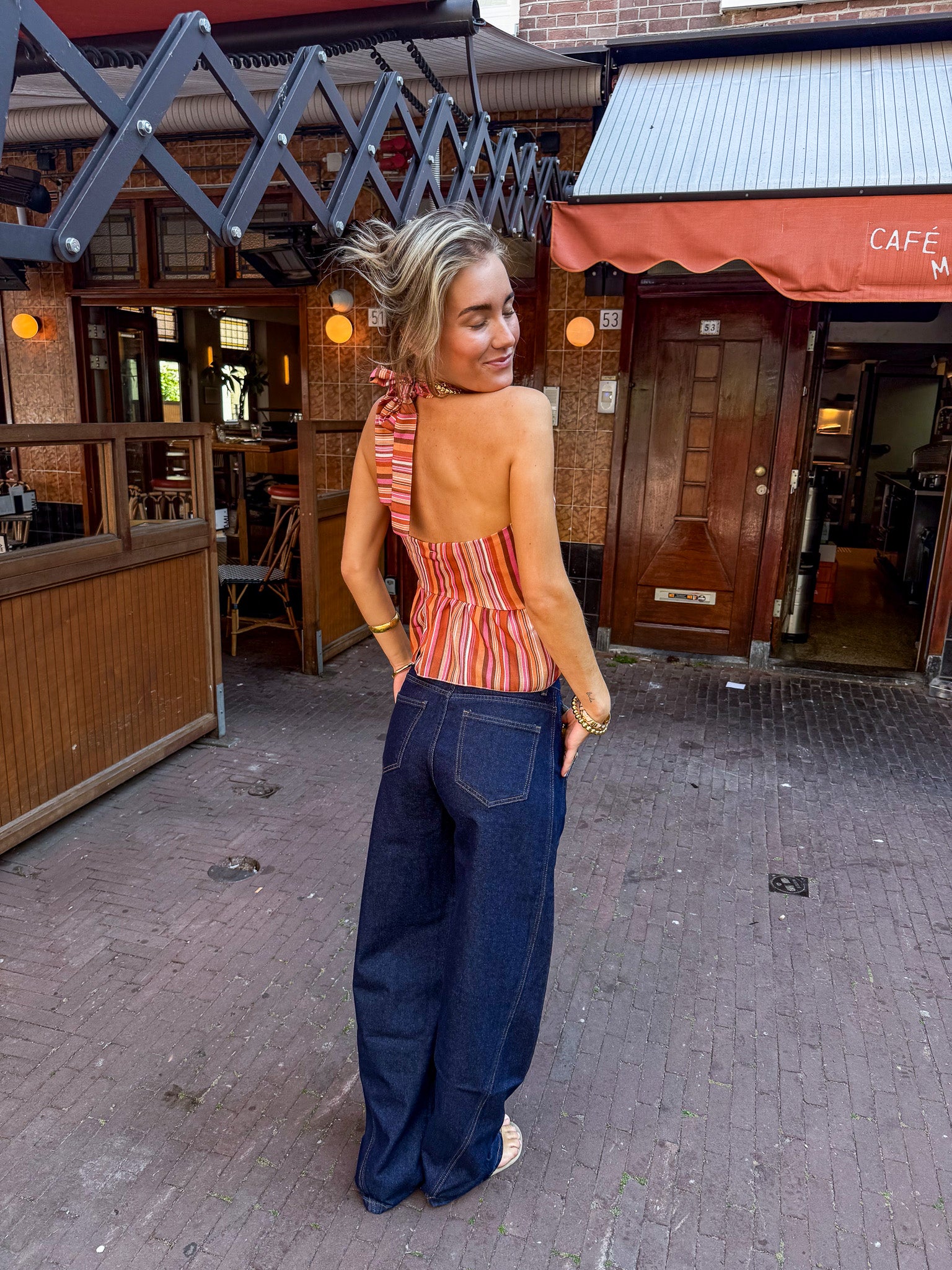 Moos Streep Halter Wrap Top Roze