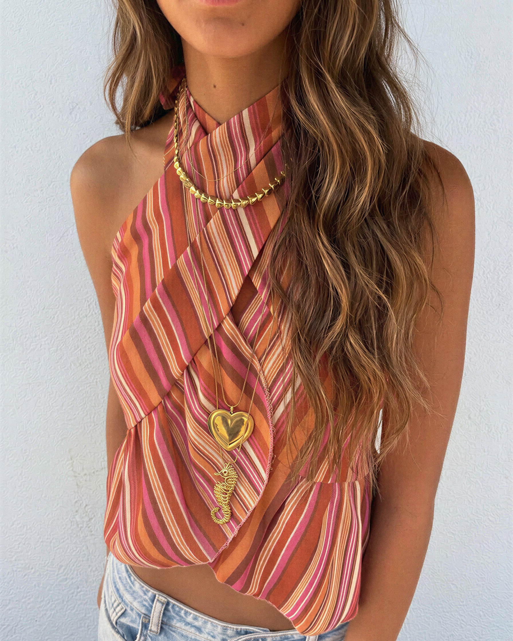 Moos Streep Halter Wrap Top Roze