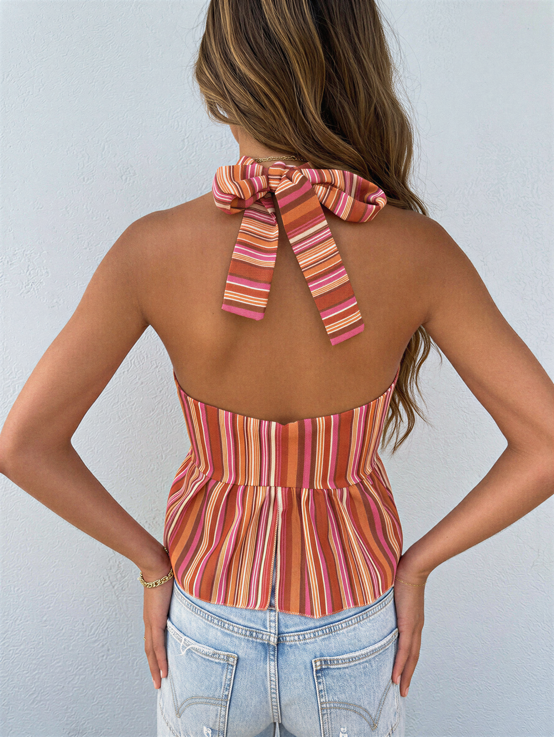 Moos Streep Halter Wrap Top Roze
