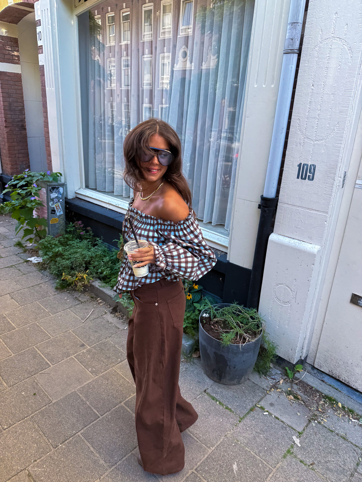 Nori Geruite Top Blauw