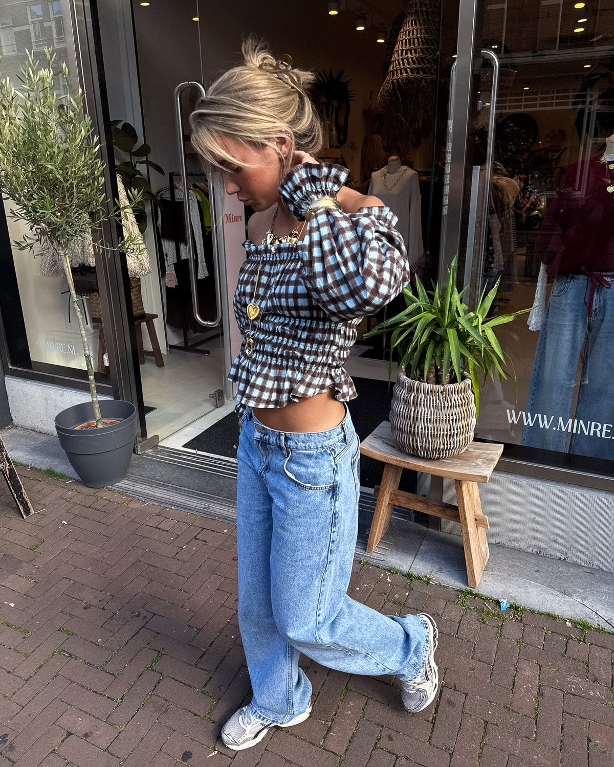 Nori Geruite Top Blauw