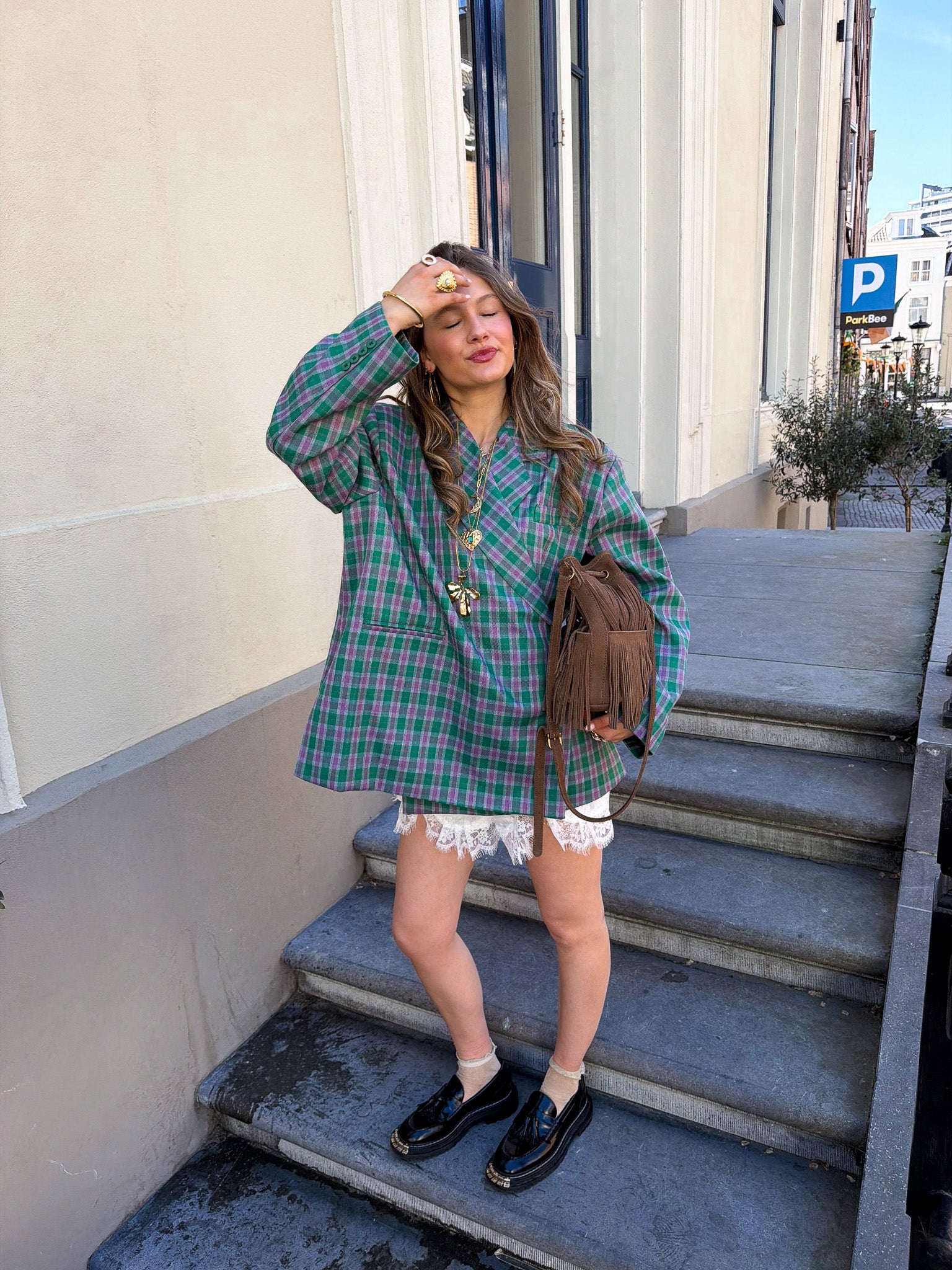 Saint Oversized Blazer Geruit Groen Roze