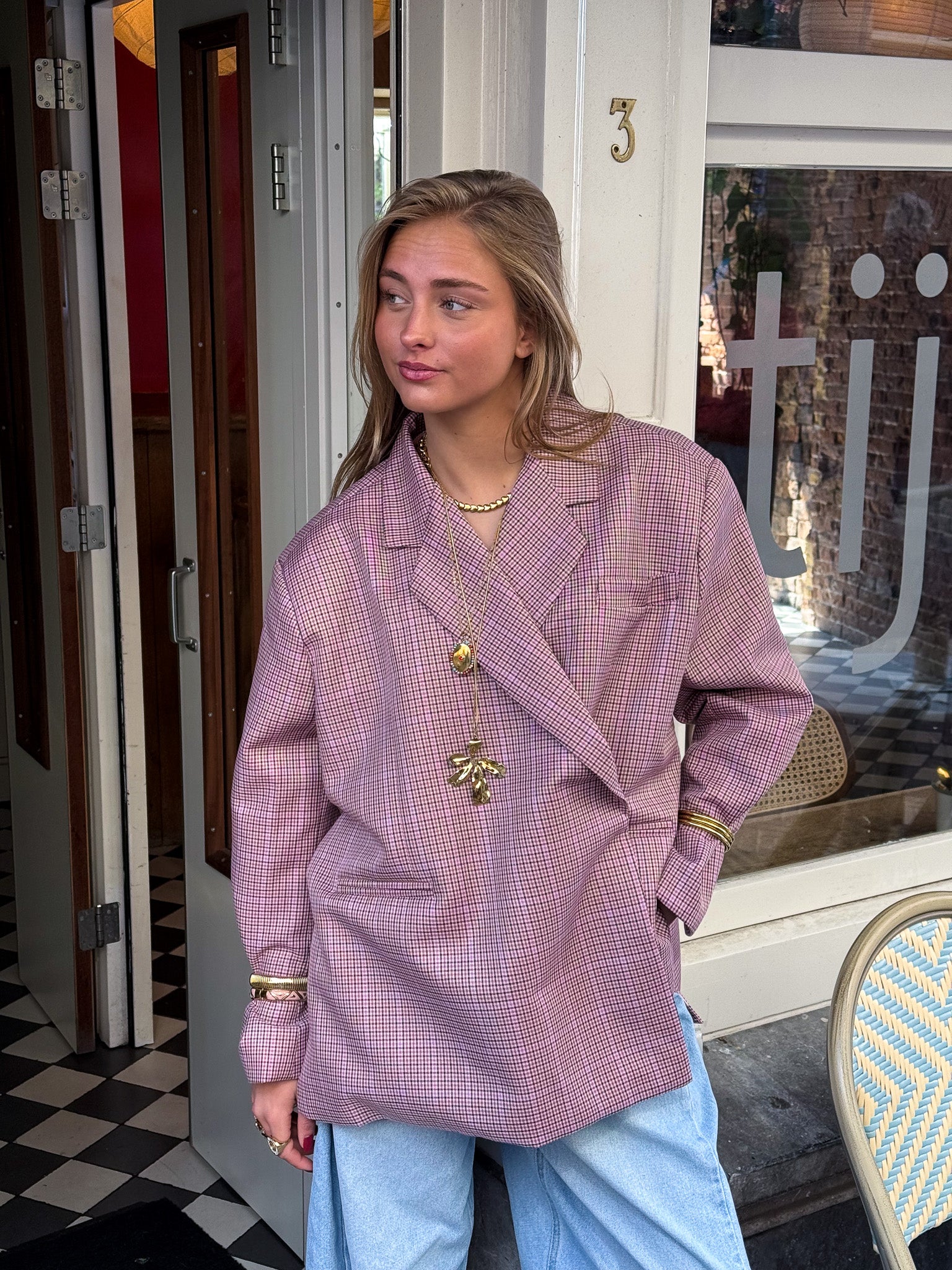 Saint Oversized Blazer Geruit Roze